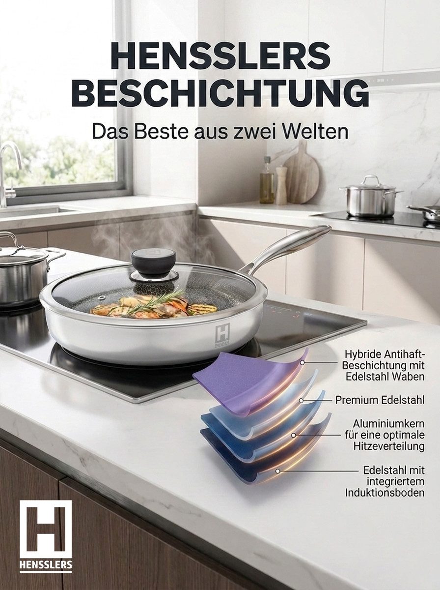 HENSSLERS Schmorpfanne, Edelstahl, 3-Schicht Material, Wabenstruktur und Antihaftbeschichtung, Induktion