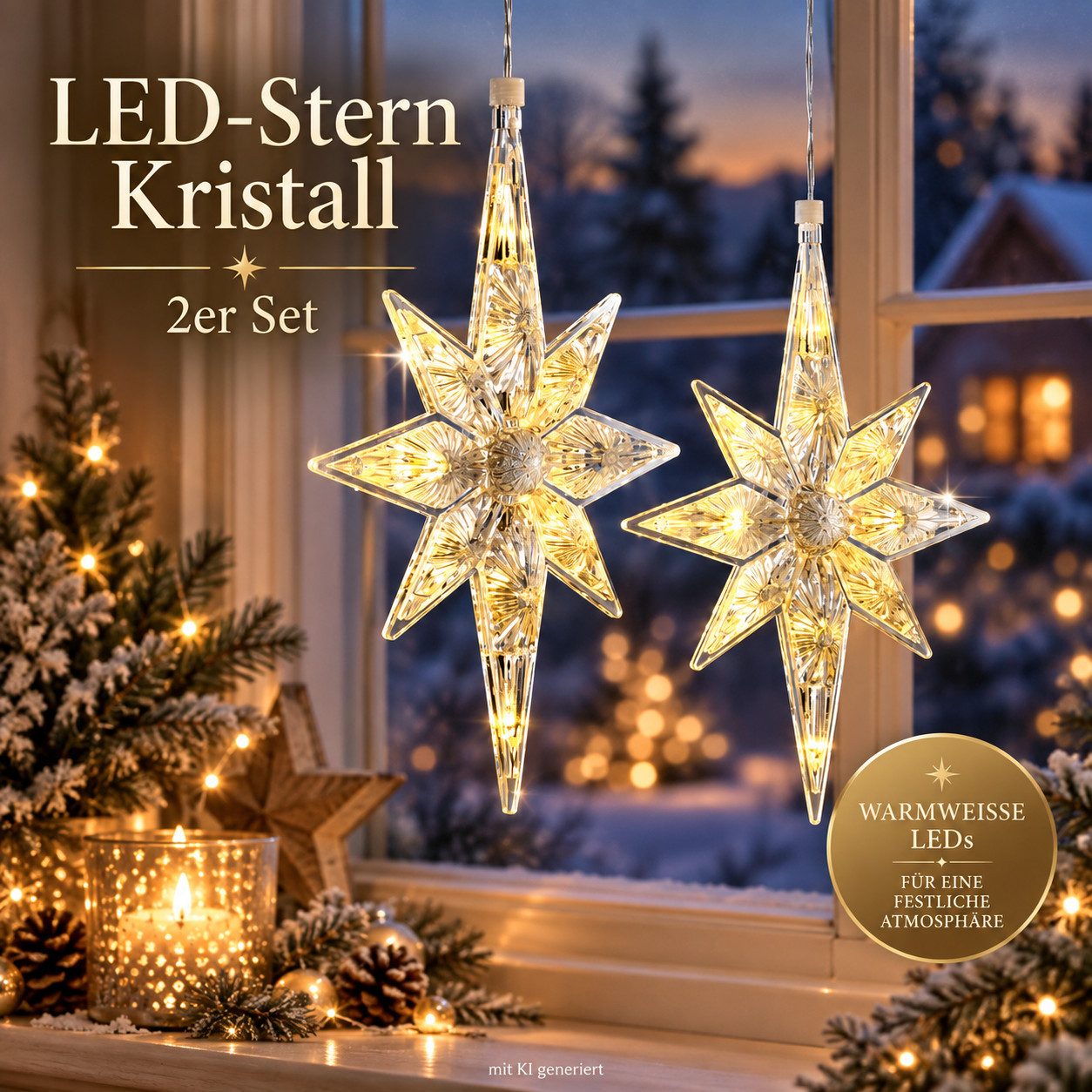 Weltbild LED Dekolicht LED-Stern Kristall 2er Set LED Sterne Lichterdeko Weihnachtsdeko, Sternbeleuchtung Kristalloptik Dekostern Stimmungslicht Adventsdeko