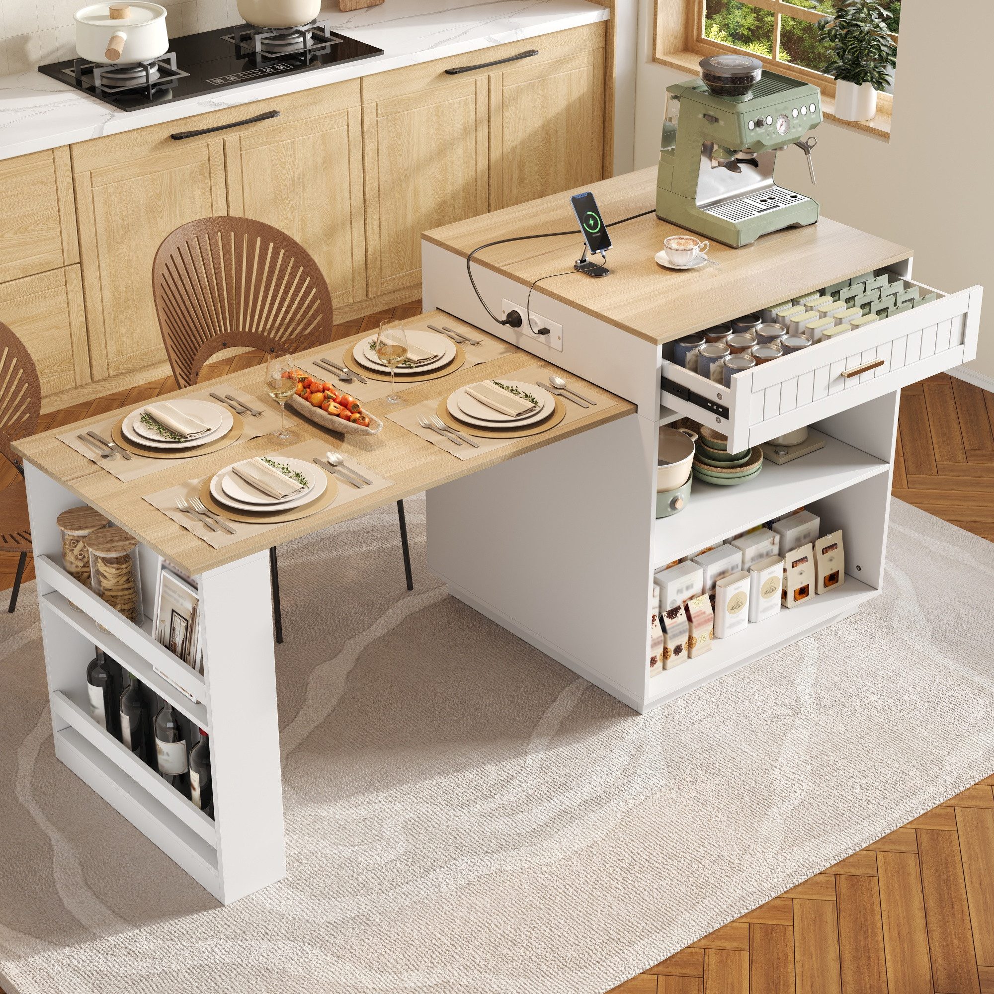 Flieks Kücheninsel mit Steckdosen & Arbeitsplatte inkl. ausziehbarer Esstisch mit Rollen, (verstellbare Länge 121,5-192x70x92 cm), Küchenschrank mit Schubladen & verstellbarer Einlegeböden Weiß