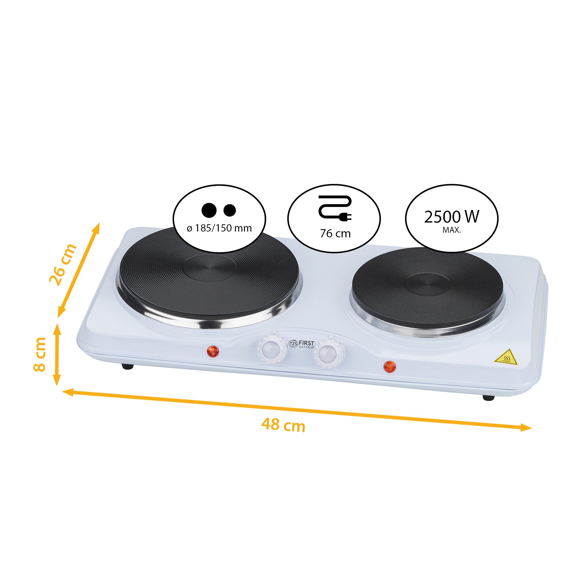TZS FIRST AUSTRIA Doppelkochplatte 2500W, Gusseisen, 185 & 150 mm, Stufenlose Thermostatsteuerung, Mobile Herdplatte, max 400°C Oberflächentemperatur, Überhitzungsschutz