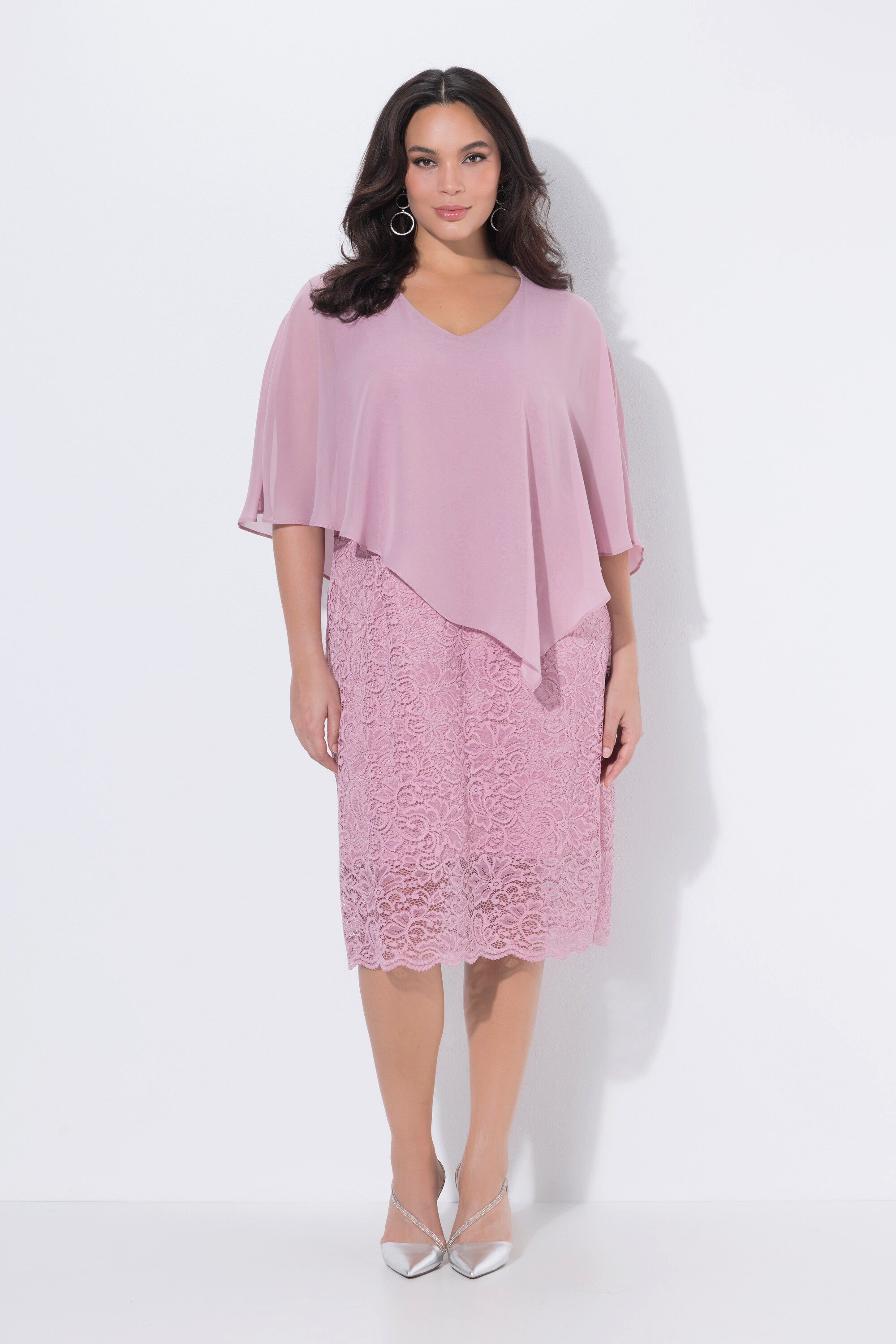 Ulla Popken Abendkleid Abendkleid Chiffon-Cape Jersey Spitzensaum 3/4-Arm günstig online kaufen