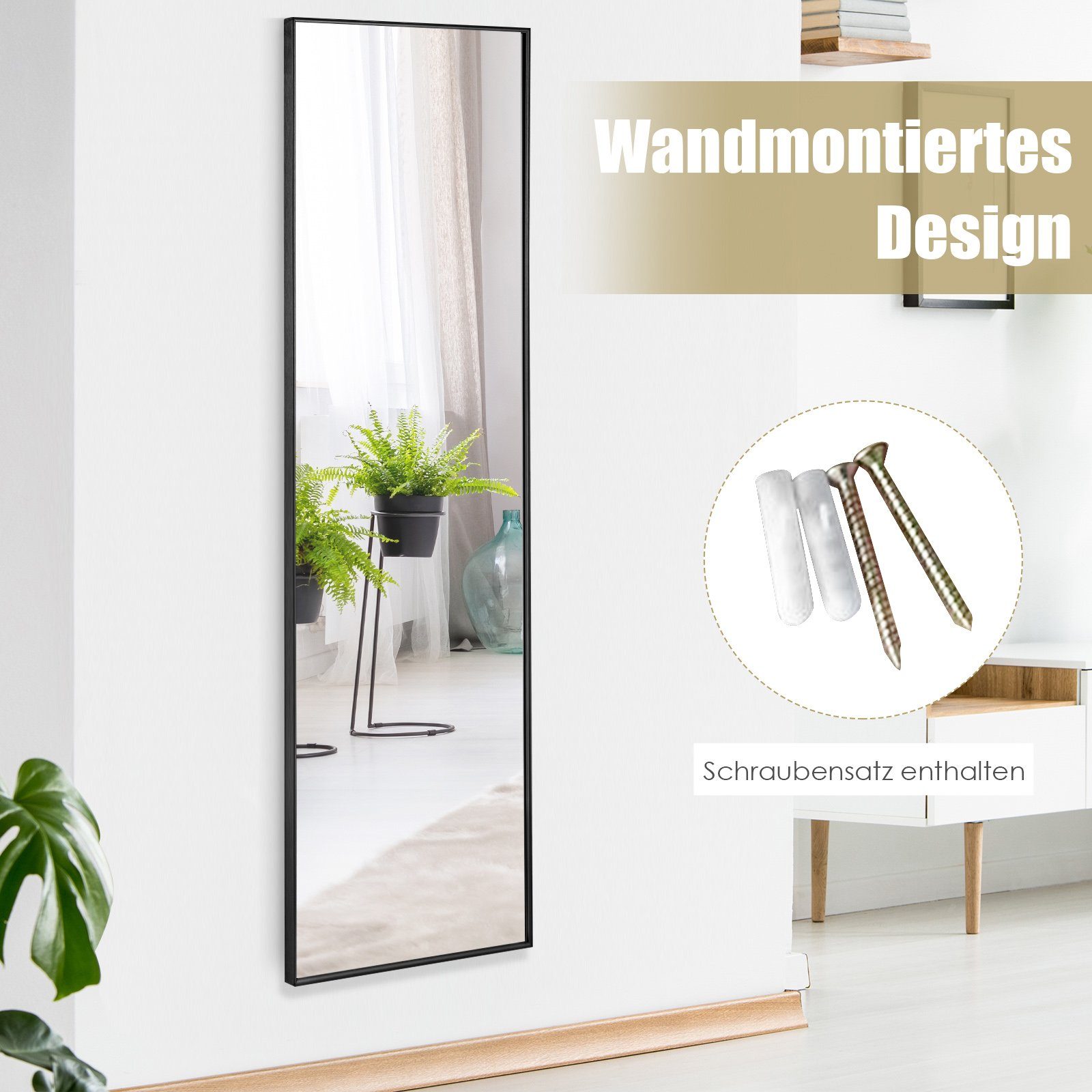 COSTWAY Wandspiegel, Ganzkörper, 37x120cm, höhenverstellbare Hängehaken, Alu