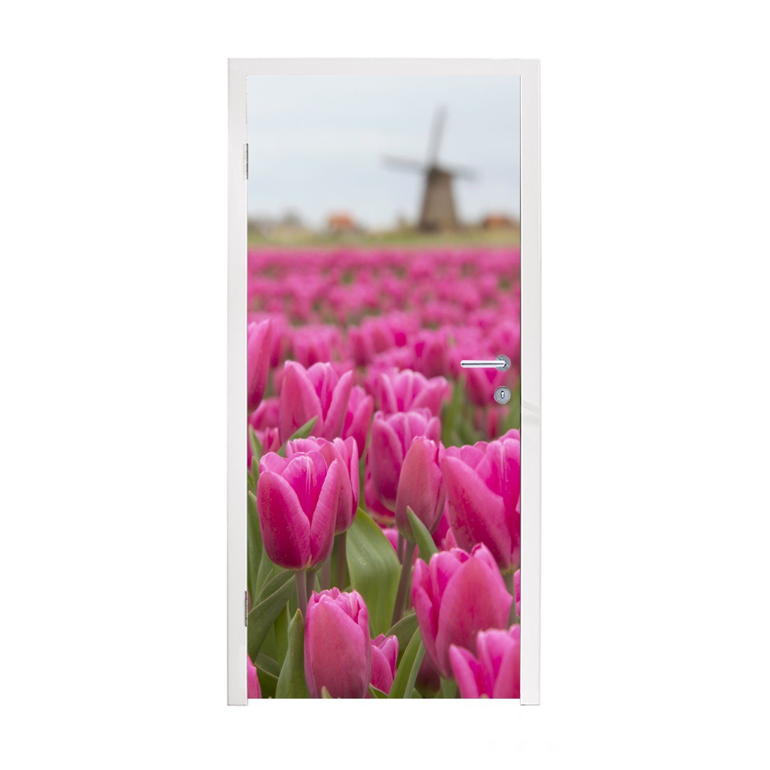 MuchoWow Türtapete Rosa Tulpen und Windmühle, Matt, bedruckt, (1 St), Fototapete für Tür, Türaufkleber, 75x205 cm
