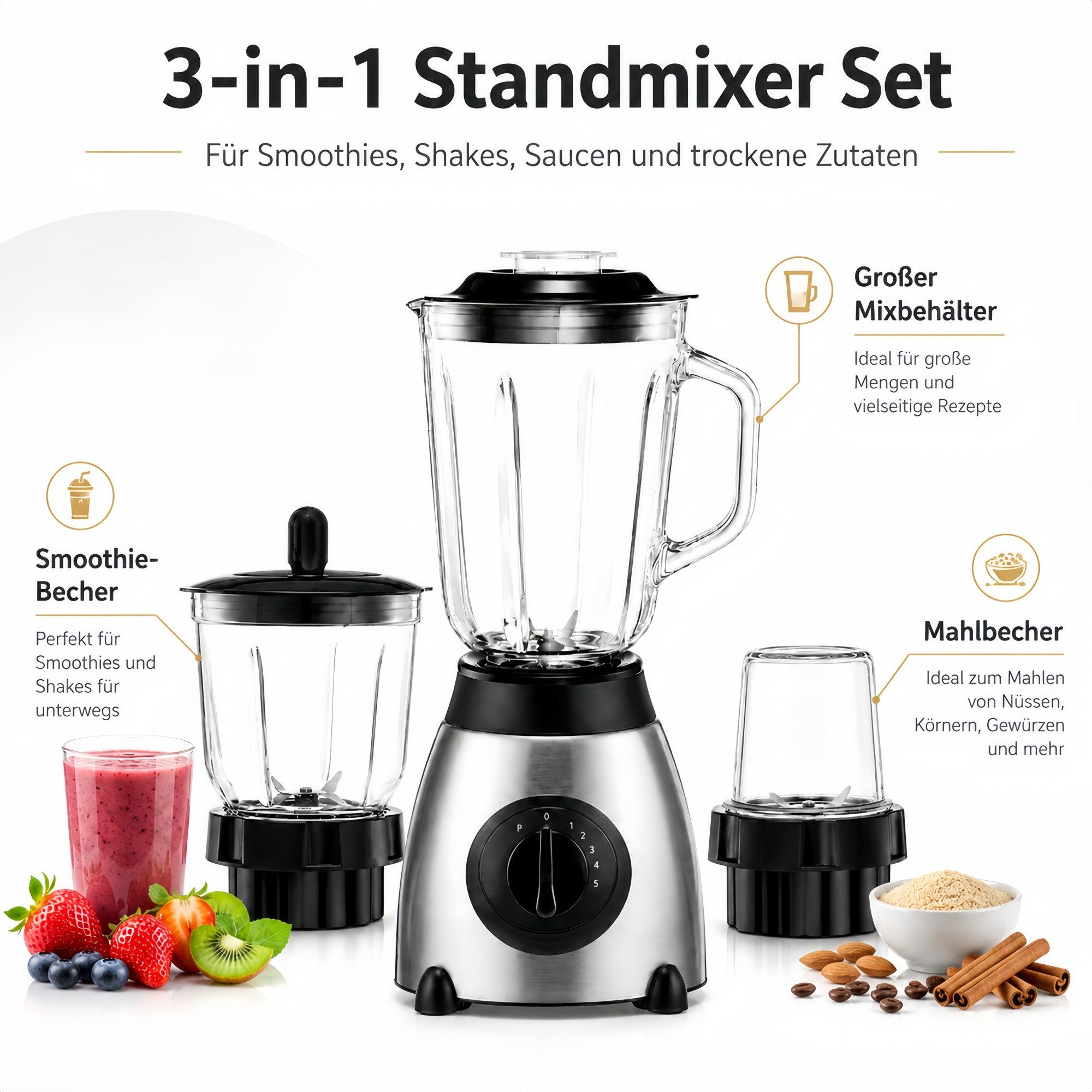 Forrlite Standmixer 2026 Neu Standmixer,Mixer VitaBoost,Edelstahl Silber Glas Smoothie, 1500 W, Maker,Milchshaker Blender 1,5 L,Eiscrusher,6-Klingen für Ice Püree