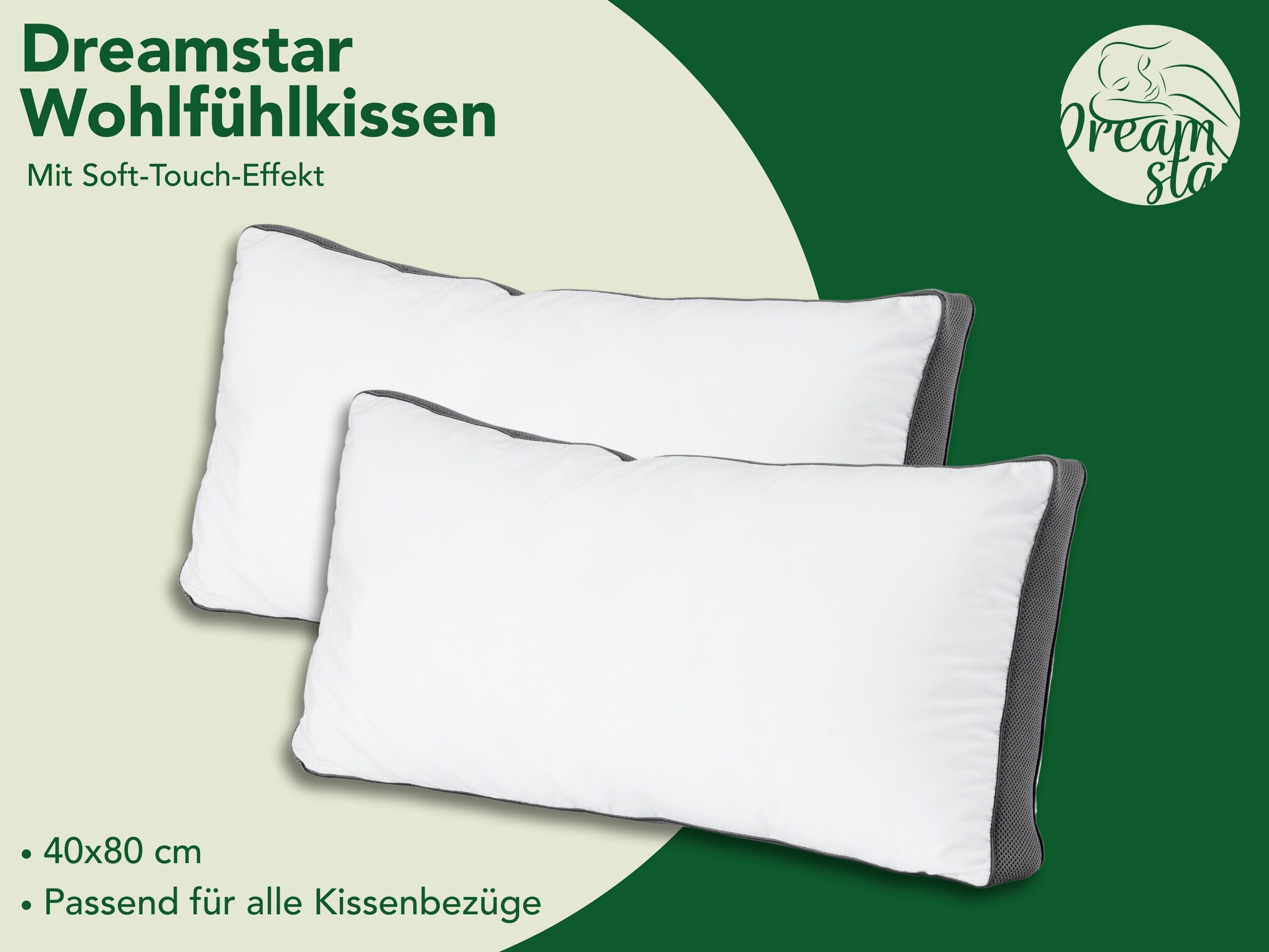 Dreamstar Kopfkissen Wohlfühlkissen, einzeln oder als 2er-Set, stützend und entlastend, Füllung: hochwertige Hohlfaser-Füllung, Bezug: 47% Lyocell; 53% Baumwolle, Seitenschläfer, Rückenschläfer, Bauchschläfer, 1-tlg., atmungsaktives Klimaband, allergikergeeignet, Kissen 40x80 cm