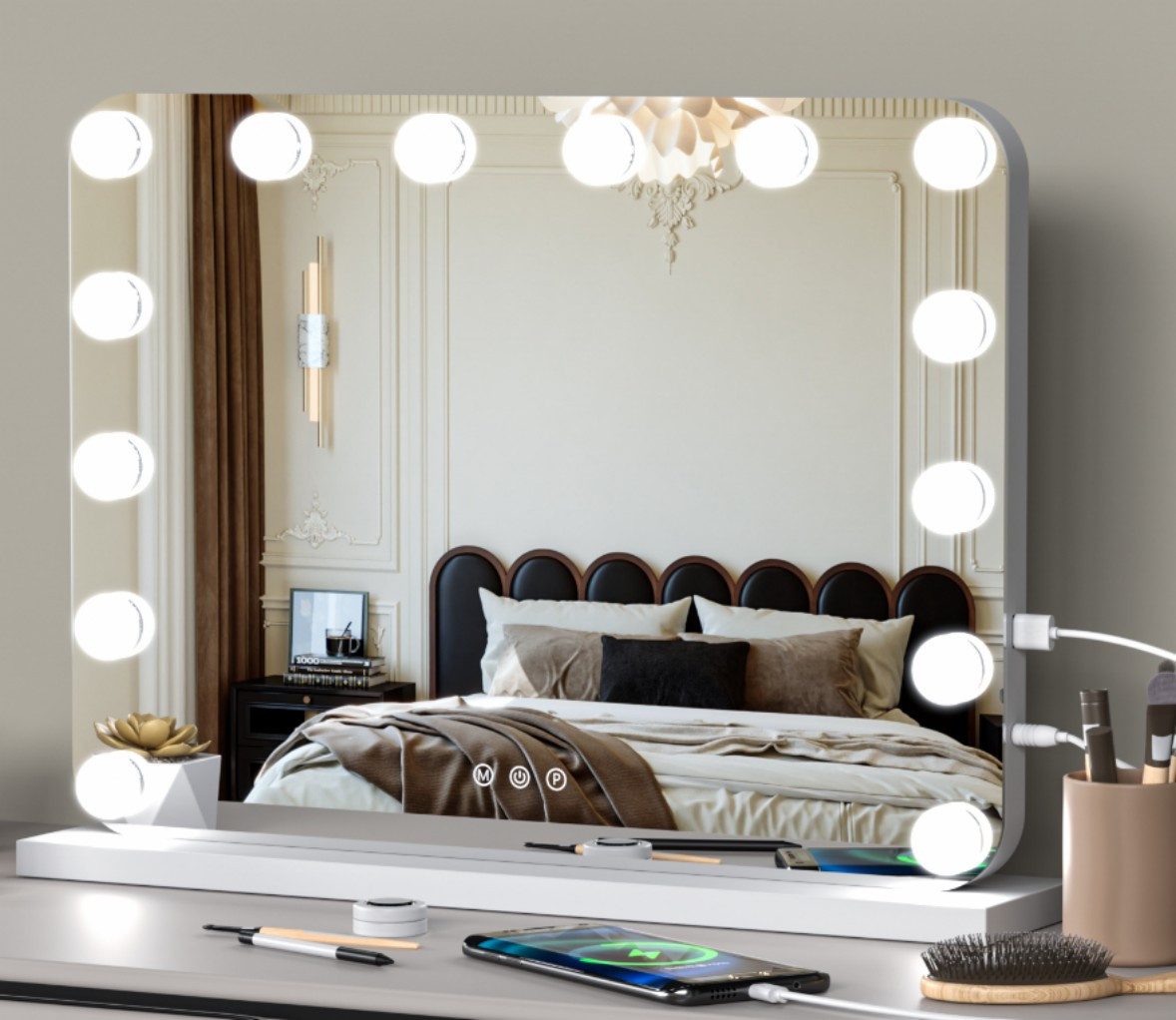 JDONG Schminkspiegel mit Beleuchtung Hollywood Spiegel - 50*40/58*43CM (Kosmetikspiegel mit 11/14 LED-Glühbirnen, mit Ladeanschlüssen, 3 Farbtemperatur Licht Hollywood Spiegel mit Beleuchtung), Touch-Steuerung für Schlafzimmer Ankleidezimmer