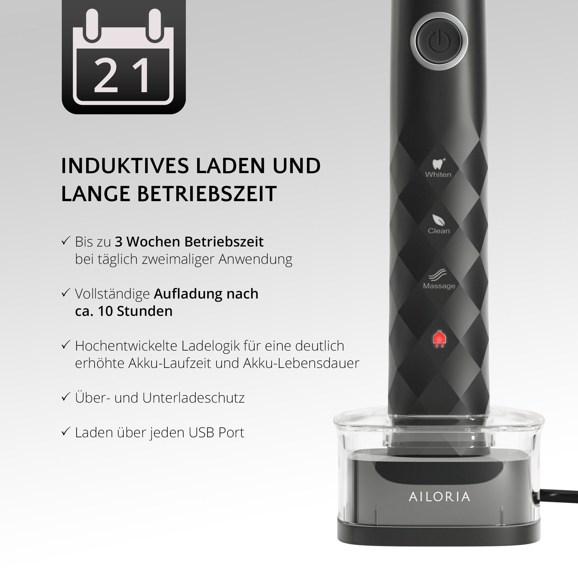 AILORIA Schallzahnbürste SHINE BRIGHT USB-Schallzahnbürste, Aufsteckbürsten: 2 St., Dynamische Reinigungswirkung