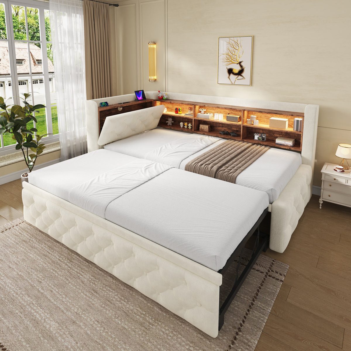 Odikalo Schlafsofa Schlafcouch 90x190 mit LED USB Type-C & Stauraum-Armlehne, Bettgestell ausziehbar, Samt, Sofa mit Holz-Kopfteil Ablage, Lattenrost, für Wohnzimmer & Gästezimmer