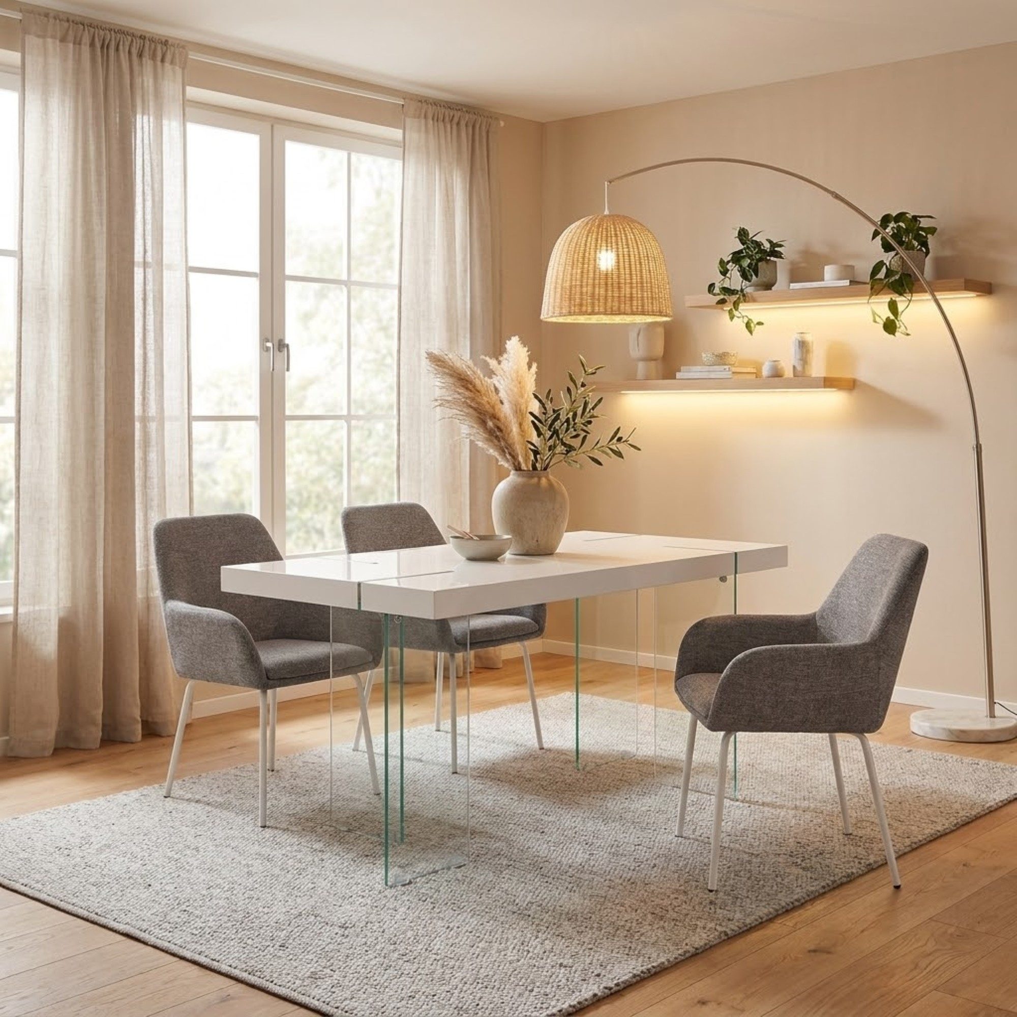 freiraum Esstisch Tirana, in Weiß, MDF/Folie/Glas - 160x75x90cm (BxHxT)