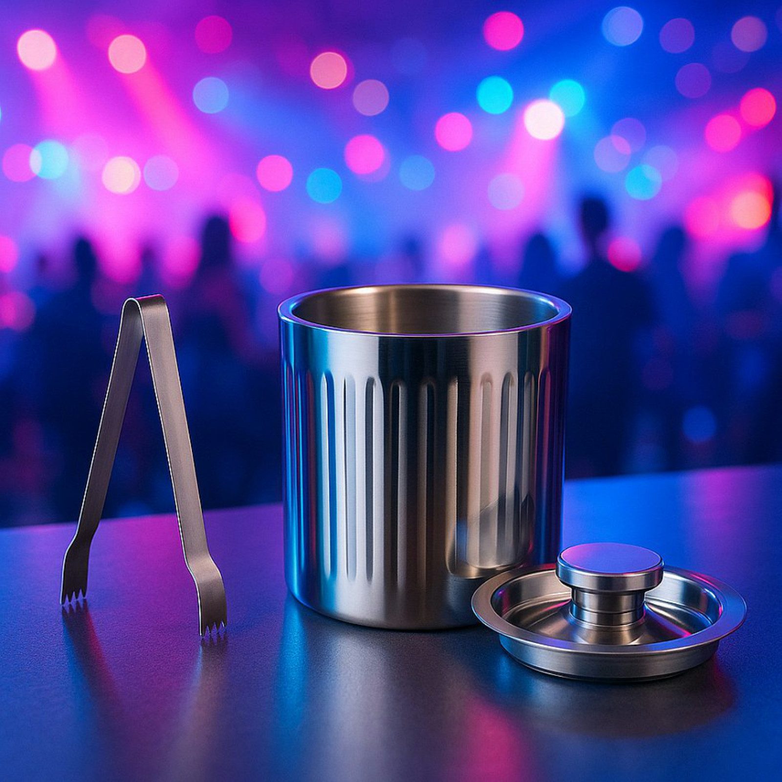 Koopman Eiseimer Eisbehälter Geriffelt Deckel + Zange Edelstahl, 1500 ml, Doppelwandig, Deckel, Isoliert, geriffelt