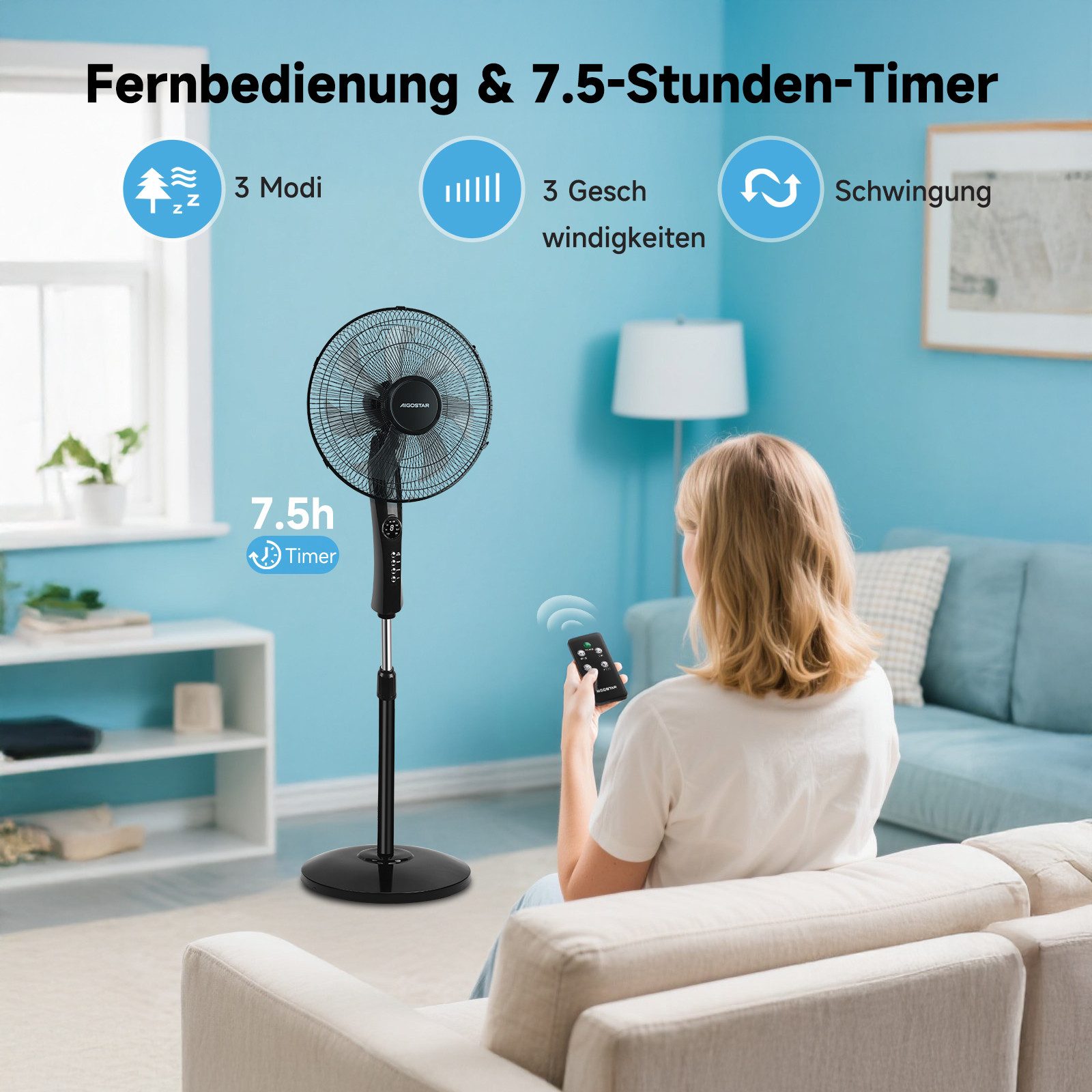 Aigostar Standventilator Standventilator mit Fernbedienung, 3 günstig online kaufen