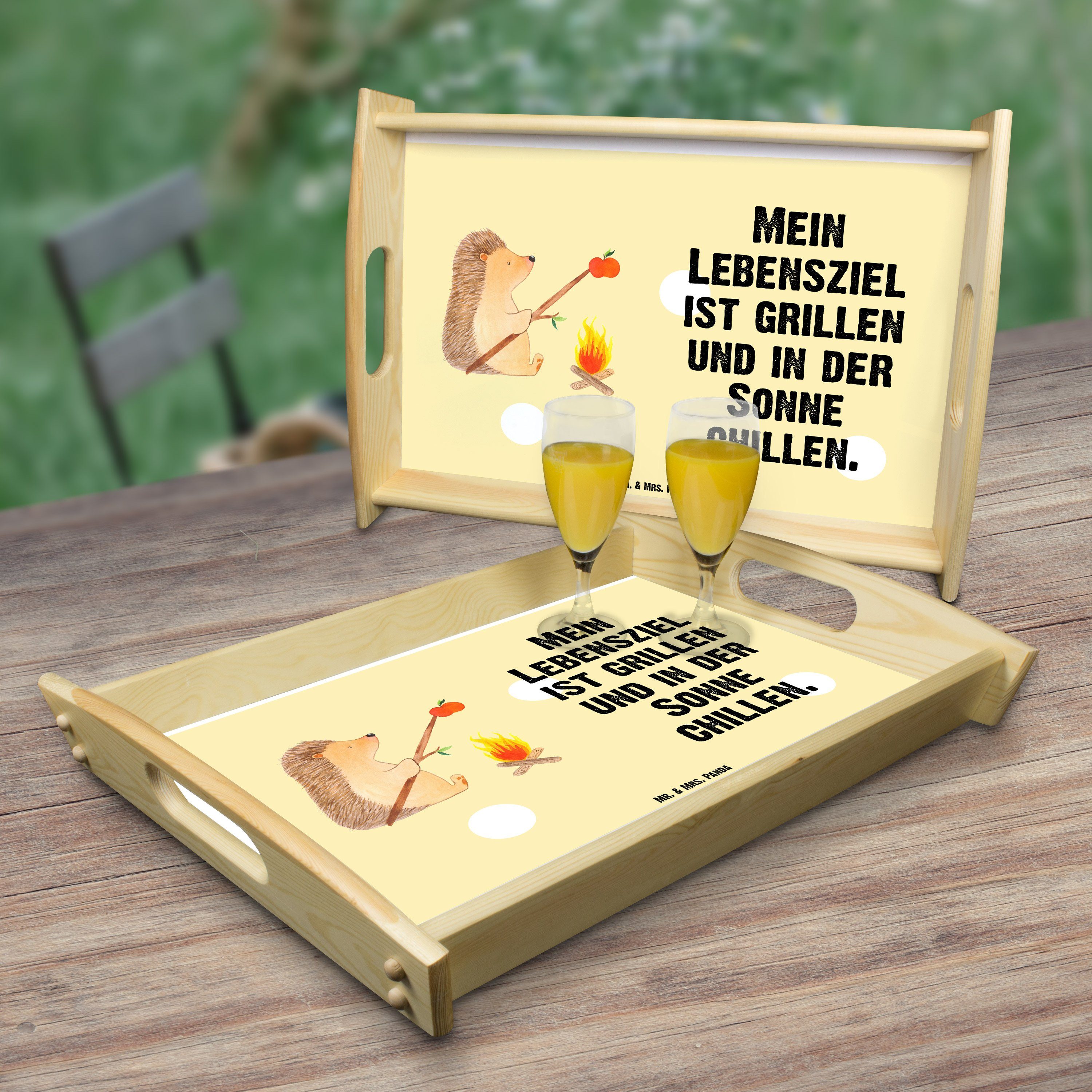 Mr. & Mrs. Panda - Motivation, Geschenk, Dekotablett, Grill, (1-tlg) grillt lasiert, Gelb Igel - Tablett Pastell Echtholz