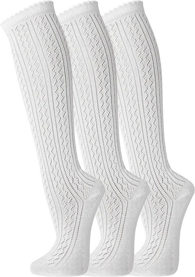 TippTexx 24 Trachtensocken 3 Paar lange Damen Kniestrümpfe Häkellook Trachtenstrümpfe Baumwolle (3 Paar) Häkellook-Lochmuster, weiches Abschlussbündchen mit Wellenrand