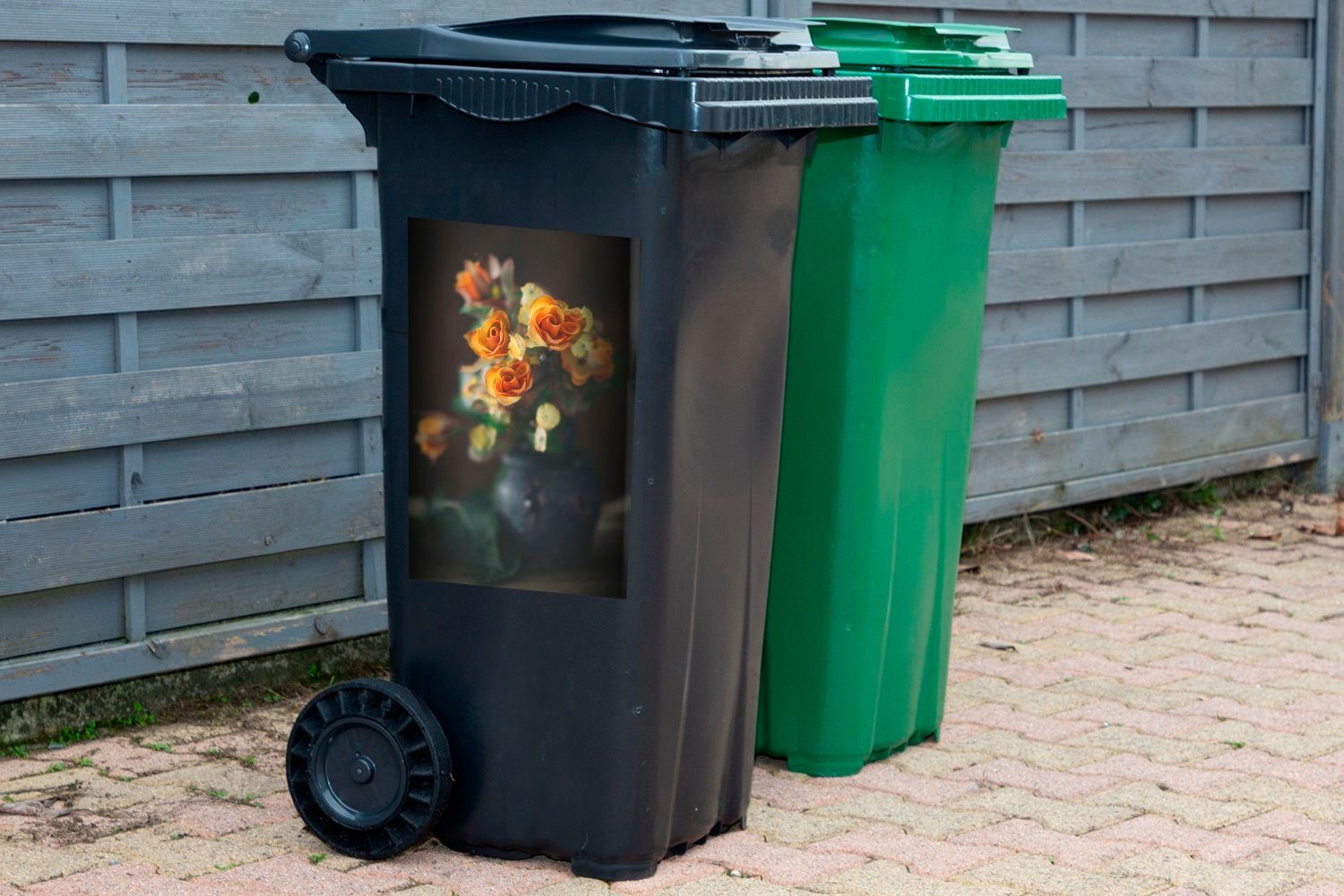 MuchoWow Container, Orange (1 Mülltonne, Wandsticker - Sticker, St), Blumen Abfalbehälter - Mülleimer-aufkleber, Rosen
