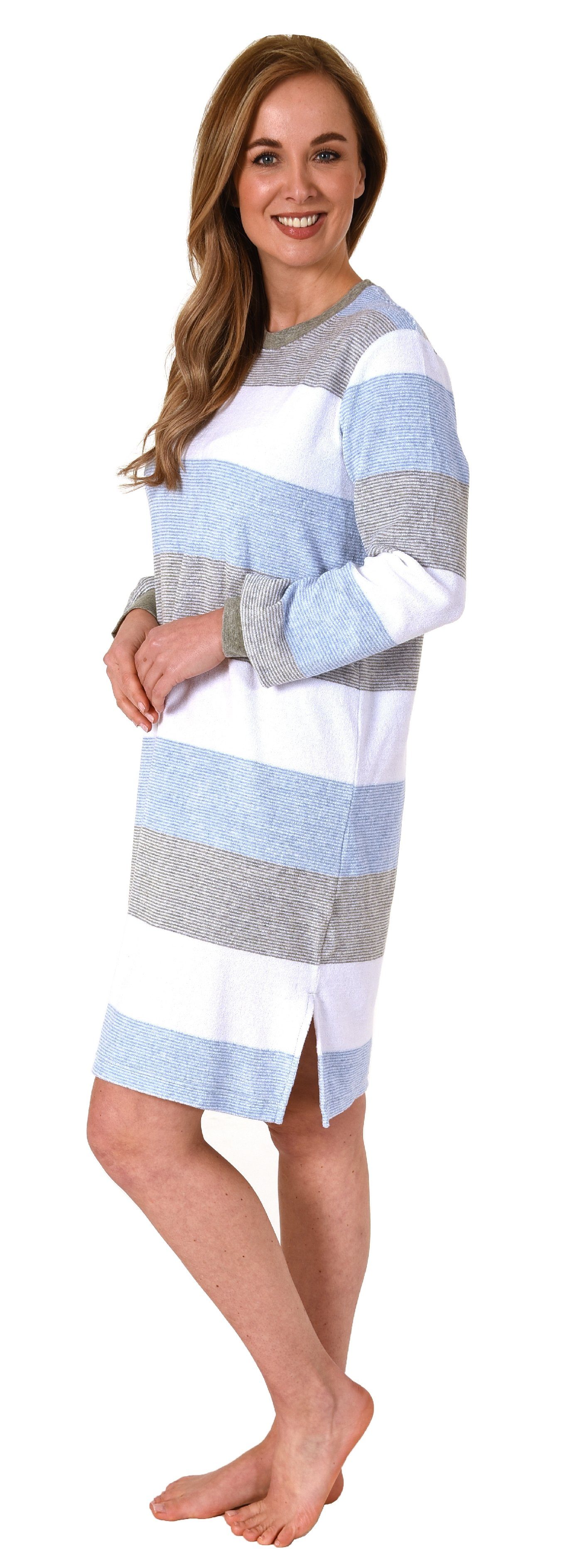 Normann Nachthemd Damen Nachthemd mit Block hellblau Bündchen Streifen langarm Look im