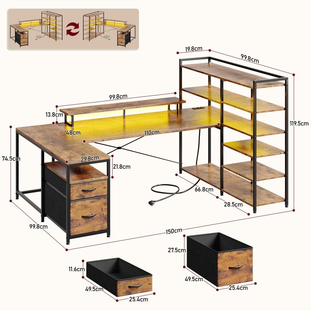 Klyvvo Eckschreibtisch U-Form Schreibtisch mit LED, 2 Schubladen & 6 Regalen (1-St., Monitorhalterung, Steckdosen), Großer Schreibtisch für Homeoffice, Studieren, Gaming