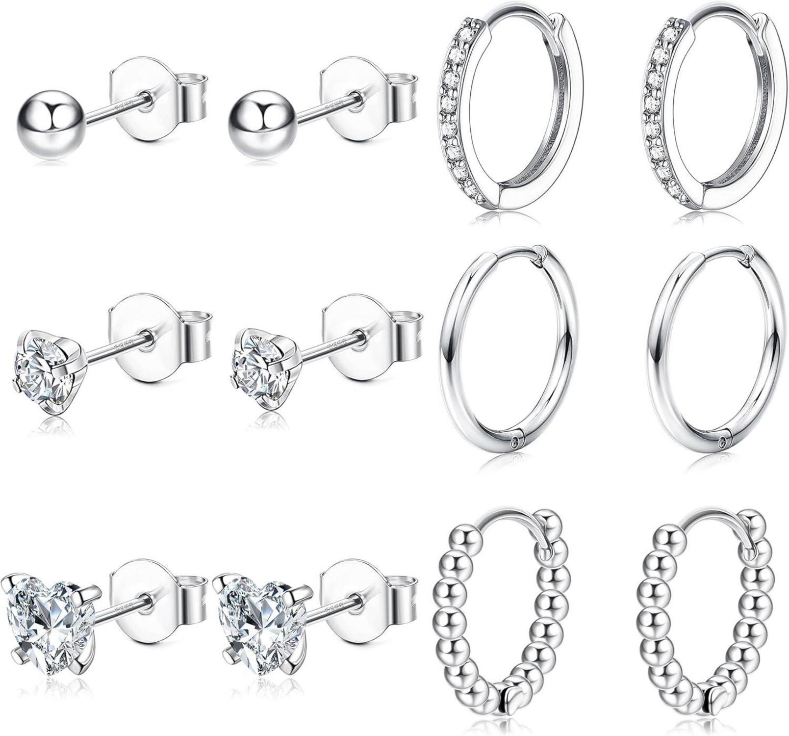 Schmuckset 6 Paar Damen Ohrringe Set Silber 925 Zirkonia Creolen Ohrstecker