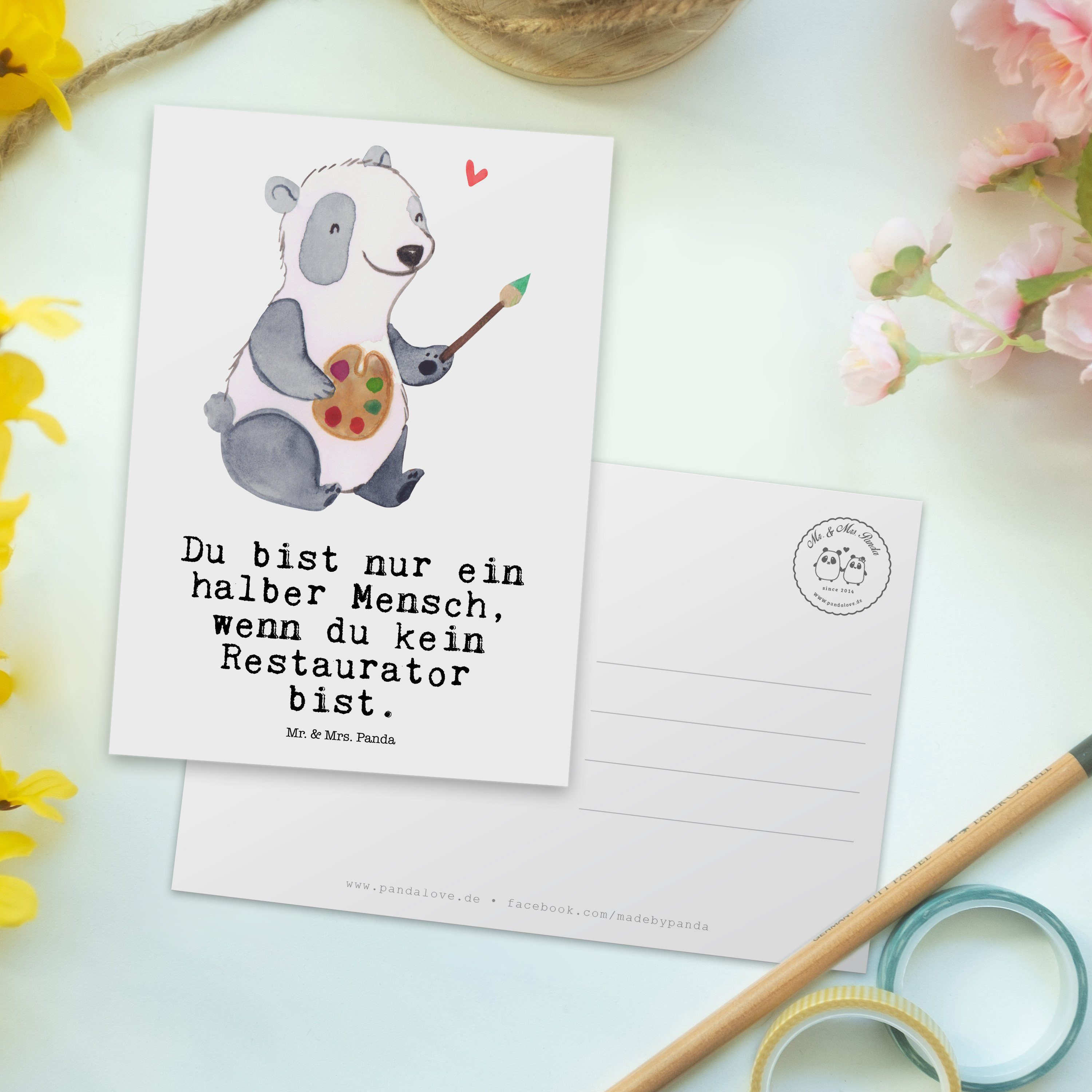 Mr. & Mrs. Panda Firma, Geschenk, Herz Restaurator Weiß Dank - Karte, Einladung, mit - Postkarte
