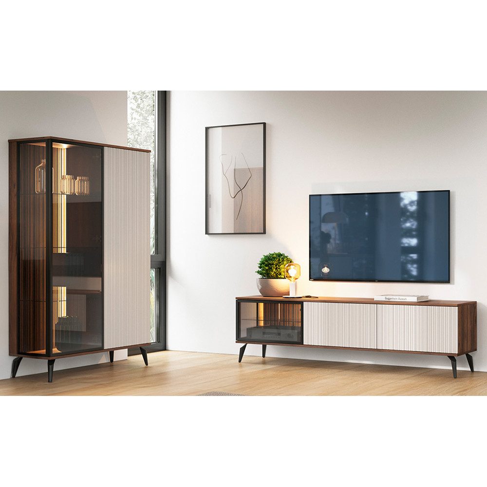 Lomadox Wohnzimmer-Set VIC-160, (Mega-Spar-Set, 2-St., Lowboard Kommode Highboard), Eiche Kaschmir Beige Rillen inkl. Beleuchtung Metallfüße Push-to-open