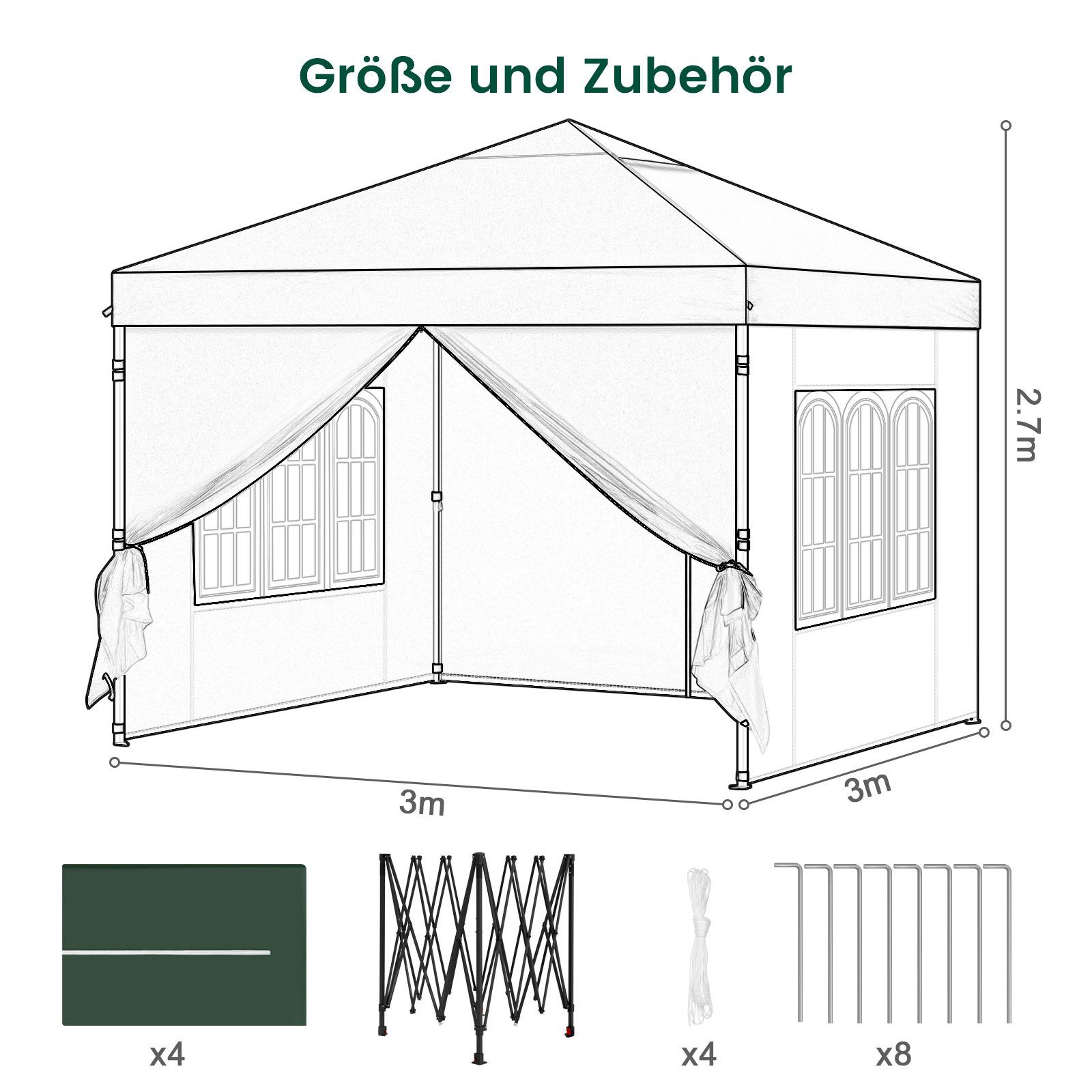 EUGAD Pavillon, mit 4 Seitenteilen, 3x3 m, mit Seitenwänden, höhenverstellbar, UV Schutz, wasserfest