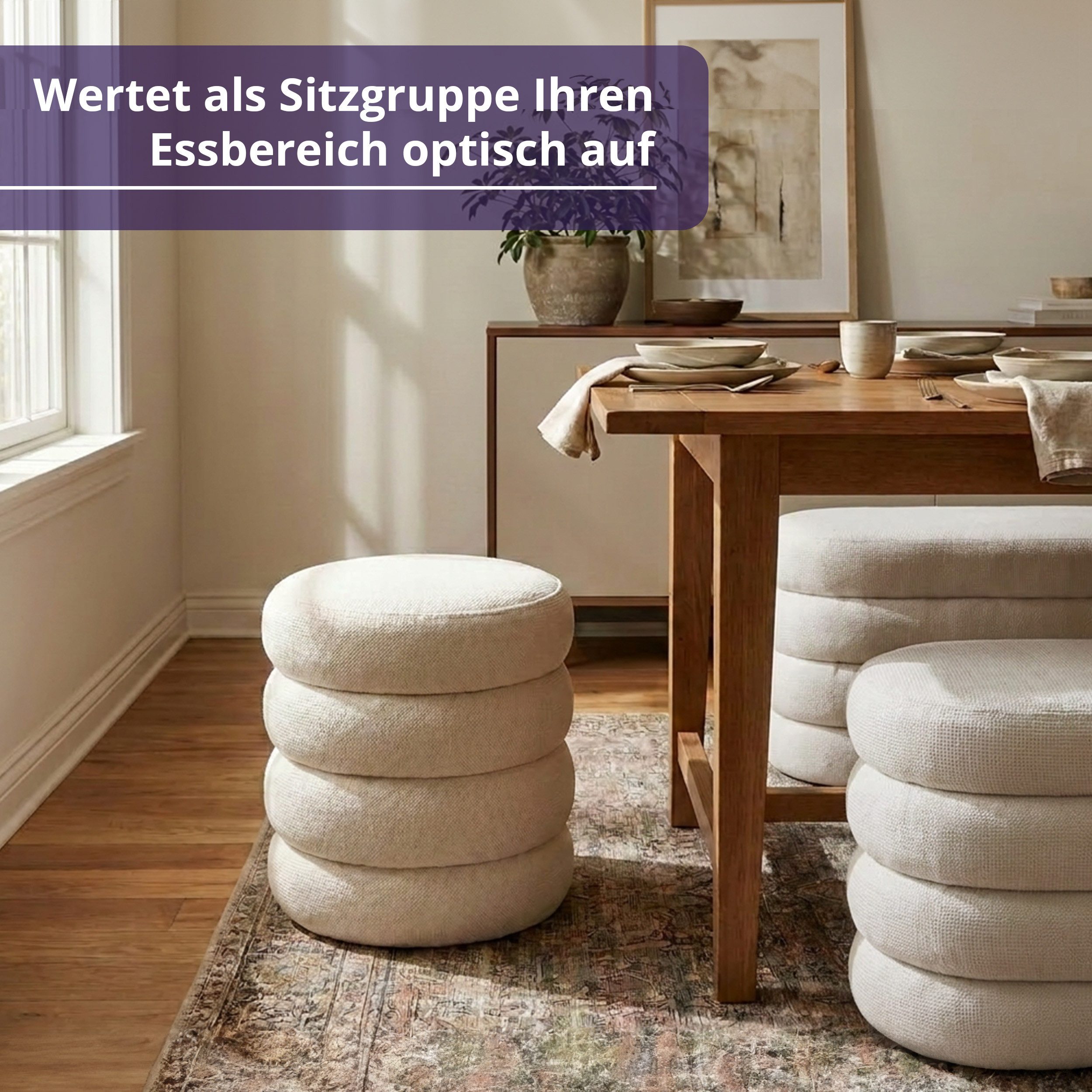 KHG Polsterhocker Sitzhocker mit Stauraum 43 x 43 cm, Webstoff Creme (Indoor-Hocker), Sitzfläche abnehmbar, Hocker mit Stauraum, bis 110 kg belastbar – Bild 5 von 5