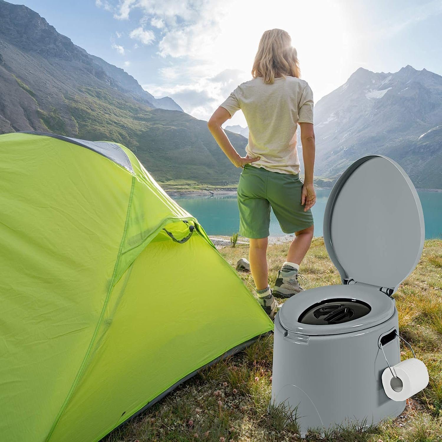 Thumbnail - KOMFOTTEU Campingtoilette, mit Toilettenpapierhalter, Deckel & abnehmbare Eimer