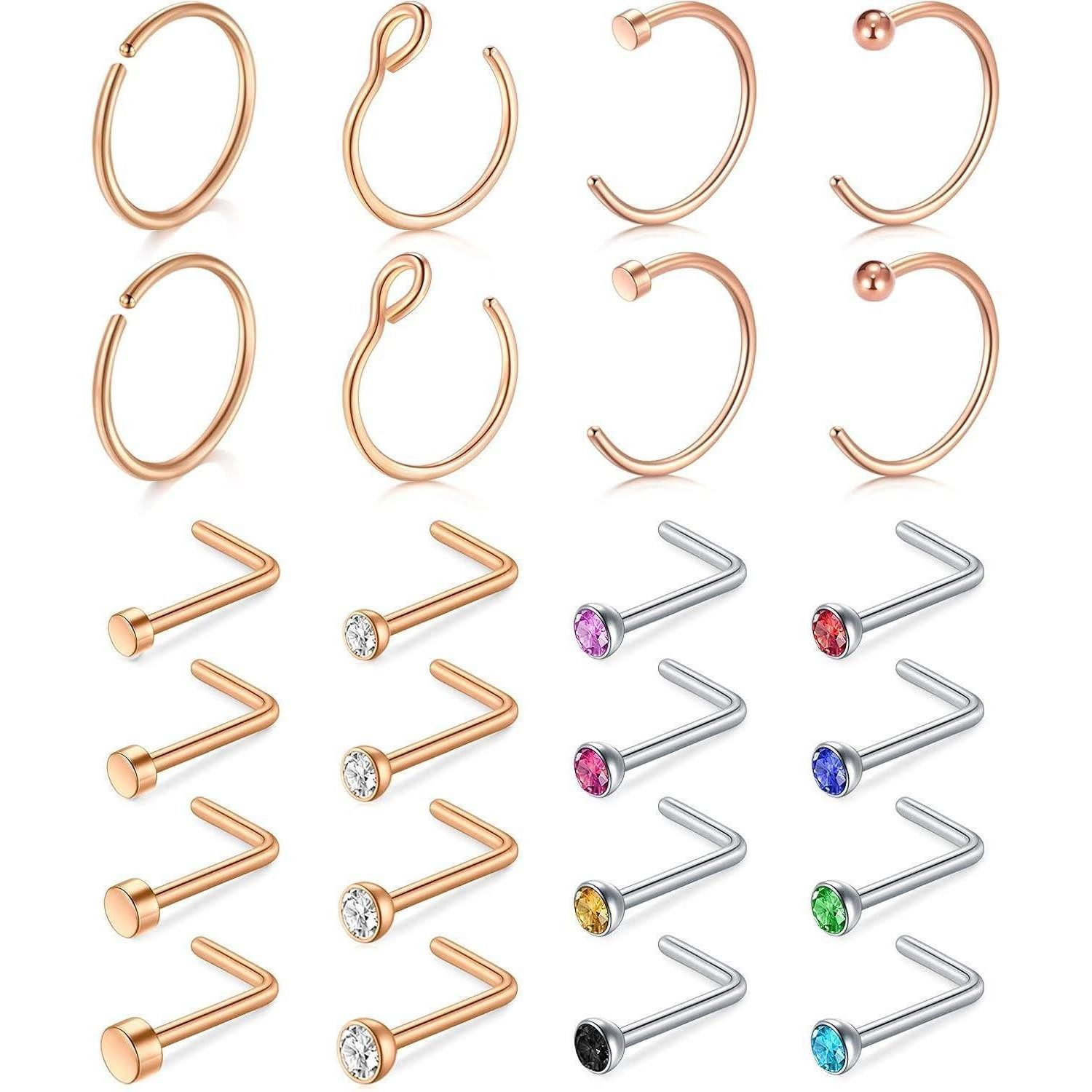 Nasenpiercing 18g Nasenringe Nasenstecker Chirurgenstahl L-Form Schmuck Set 24 Stück