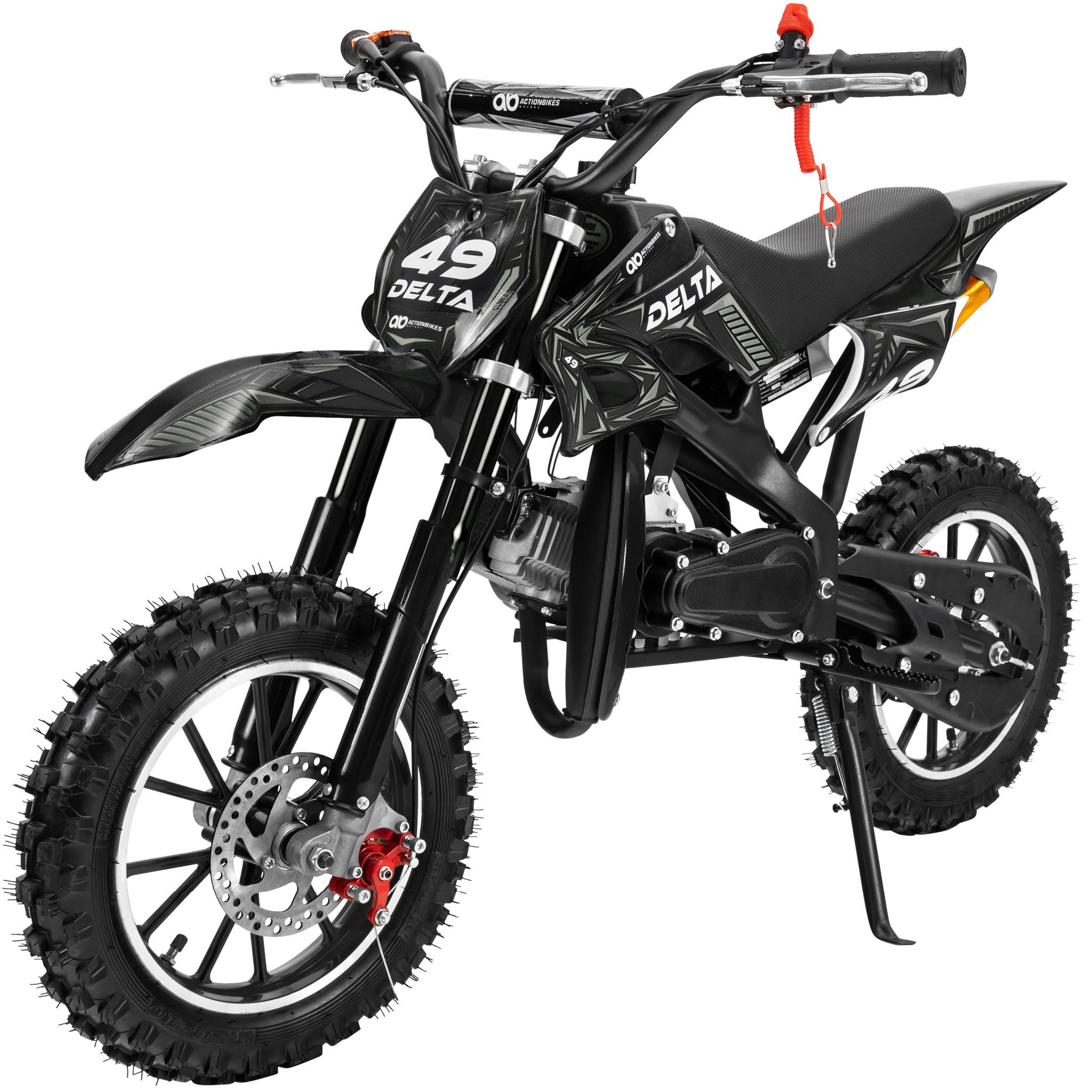 Actionbikes Motors Motorrad 49 ccm Delta Mini Crossbike, Benzin-Motorrad, 40 km/h, Scheibenbremsen, 49 ccm, 50 km/h, Euro 0, (Crossbike, Crossbike, Poketbike, mini Motorrad, Motorrad für Kinder), Not-Aus-Leine; einstellbarer Stoßdämpfer; Automatikgetriebe