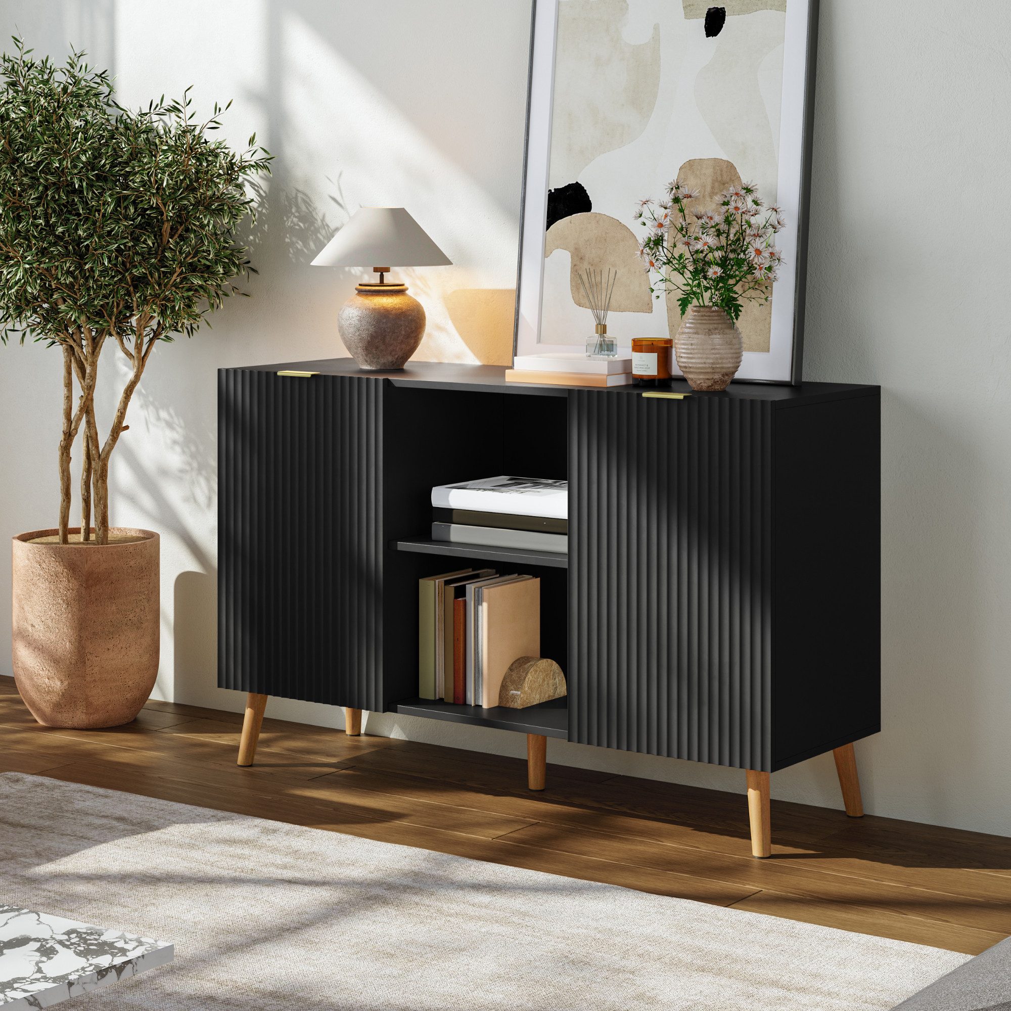 en.casa Sideboard, »Nand« mit 2 Türen und 2 Fächern 120x40x76 cm Schwarz