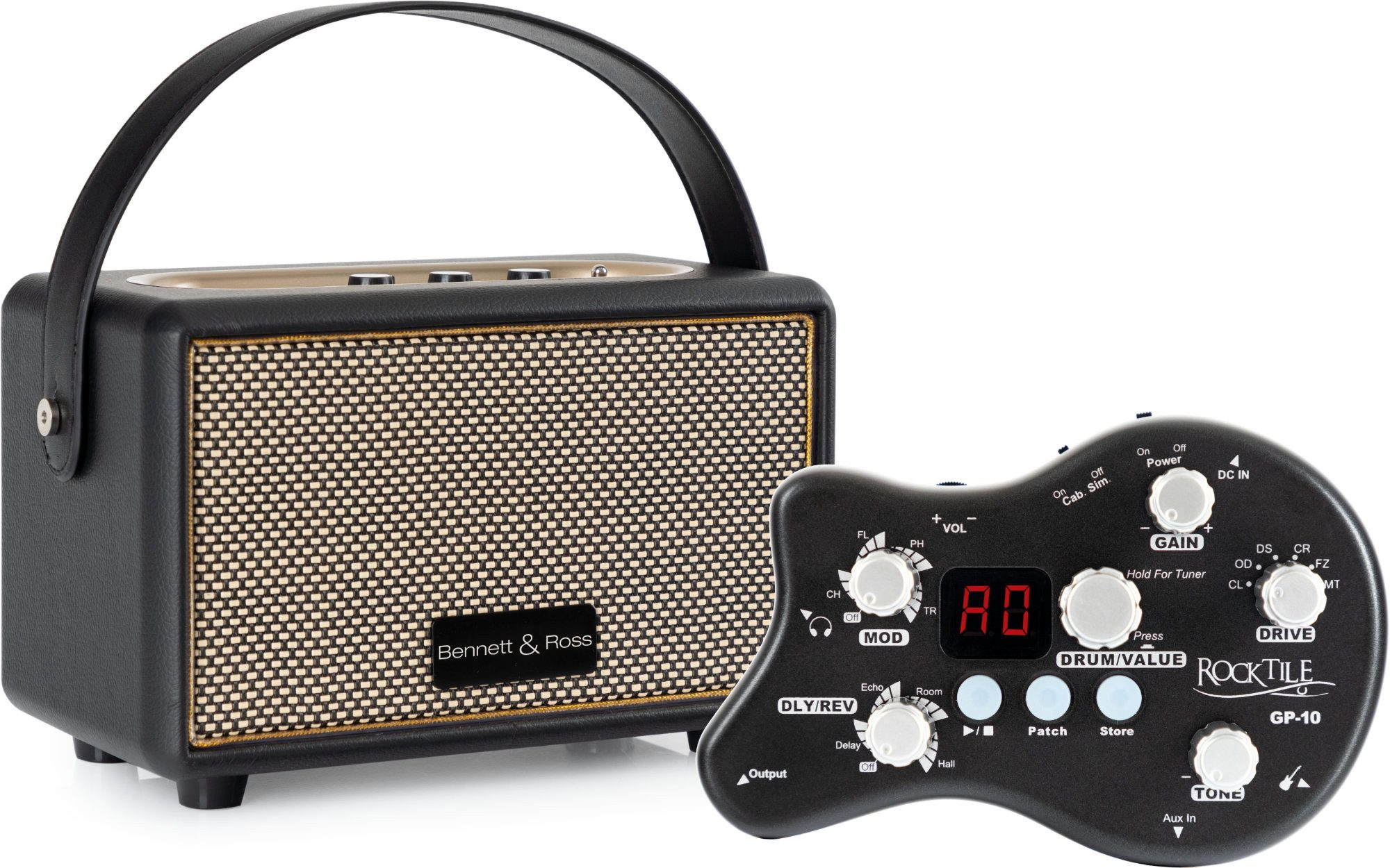 Rocktile Rocktile GP-10 / BB-820BK Gitarren Amp Set Bluetooth-Lautsprecher (Bluetooth, 60 W, Bluetooth Lautsprecher mit Tragegurt, Headphone Amp & Audiokabel)