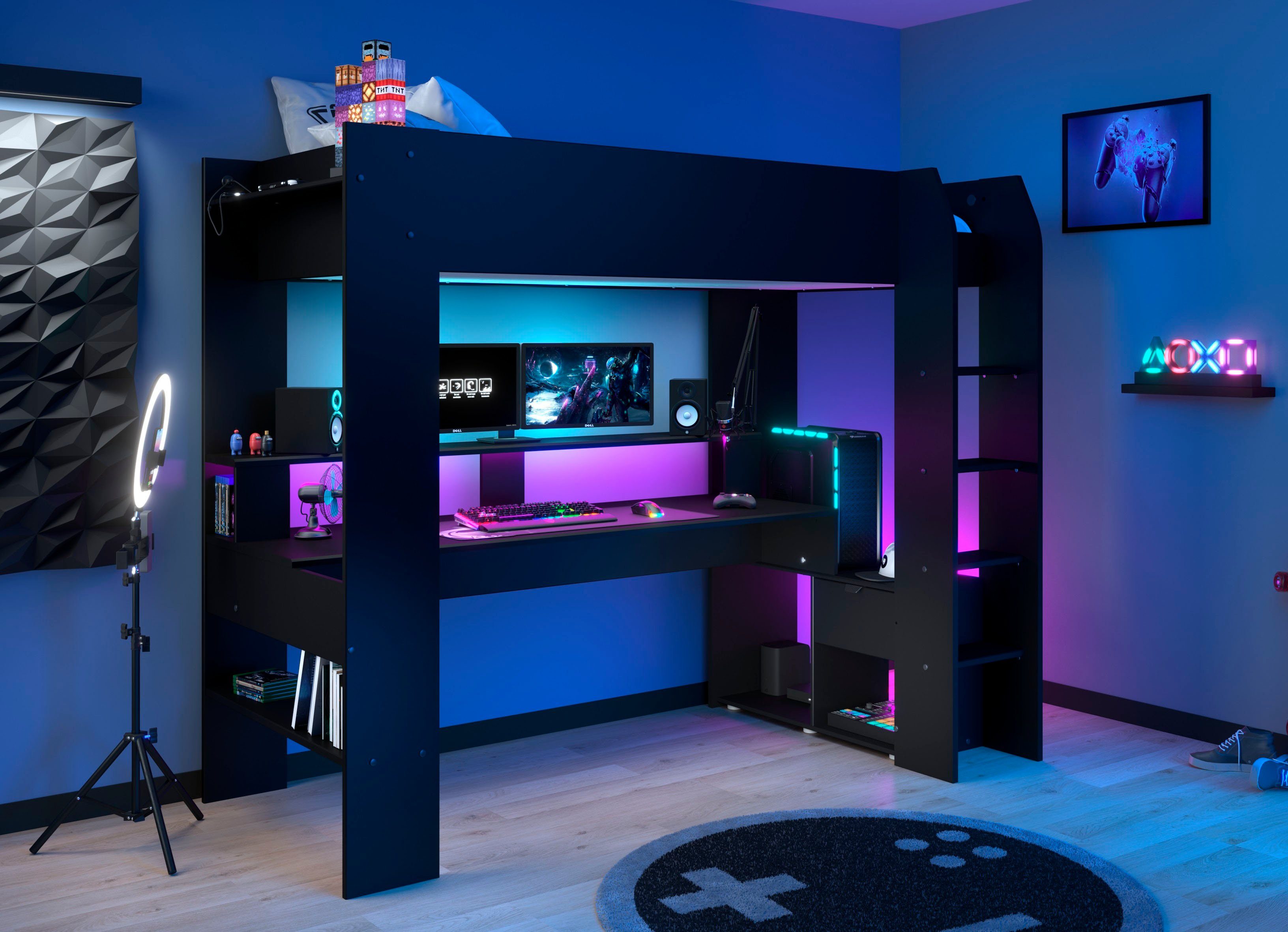 Gaming-Bett, LED, Parisot USB, mit Schreibtisch Hochbett Stauraum,