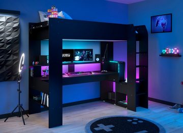 Parisot Hochbett Gaming-Bett, mit Schreibtisch, USB Anschluss, LED, viel Stauraum ideal für kleine Räume, TOPSELLER!