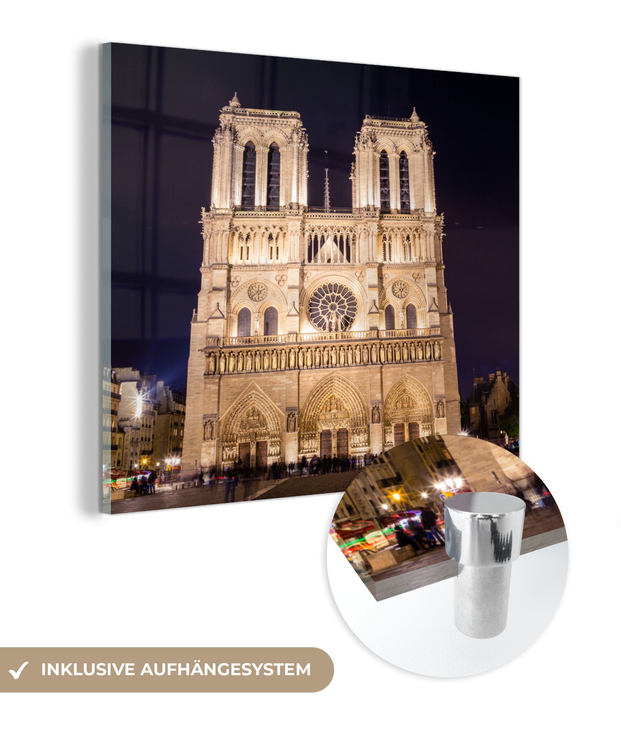 Glasbilder - - Abend, Glas Bilder auf Dame St), Notre auf - Wandbild Glas Foto Wanddekoration am (1 MuchoWow Acrylglasbild