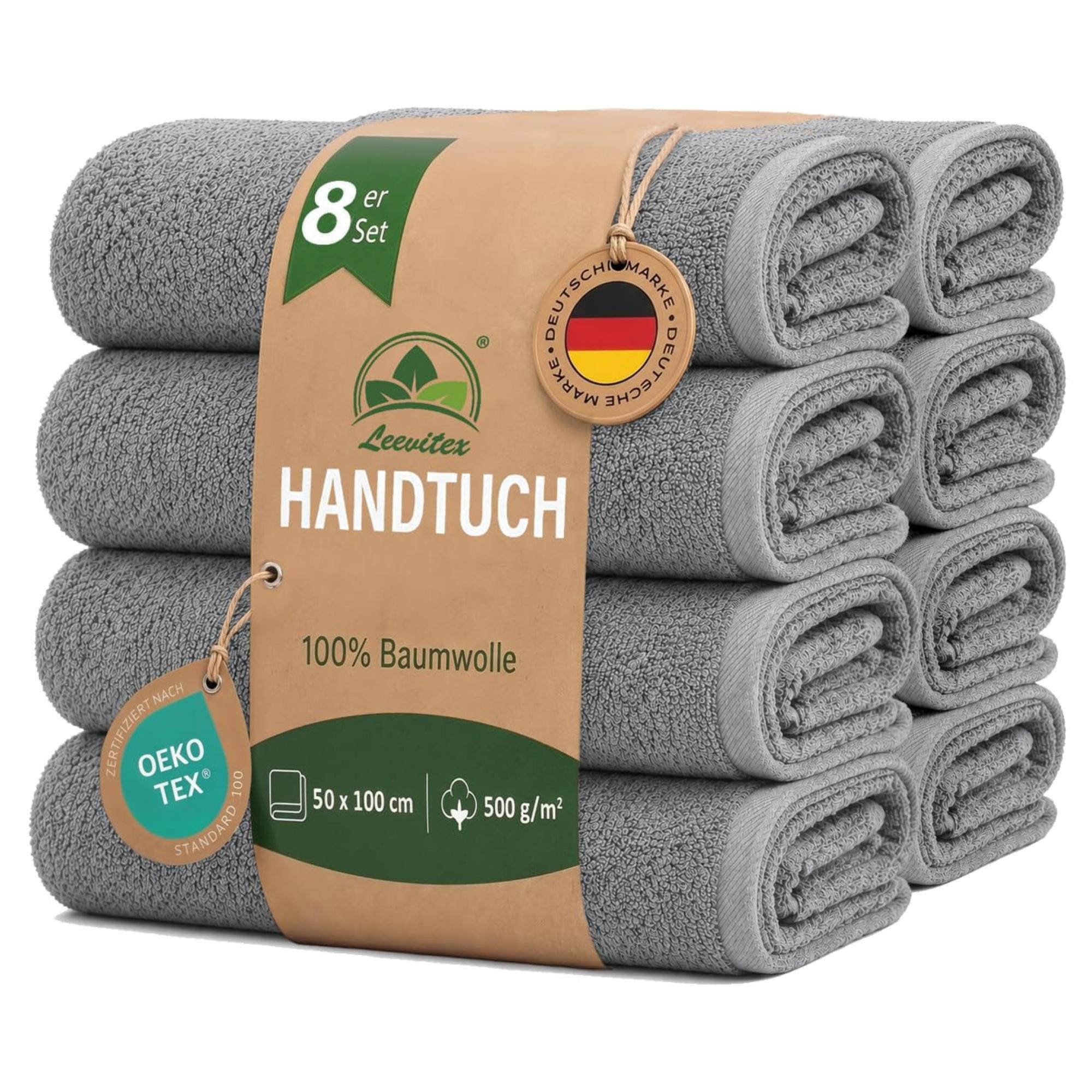leevitex® Handtücher 8er-Set, 50 × 100 cm, aus 100% Baumwolle, Grau, Frottee (Set, 8-St), OEKO-TEX® STANDARD 100 zertifiziert und hochwertig verarbeitet