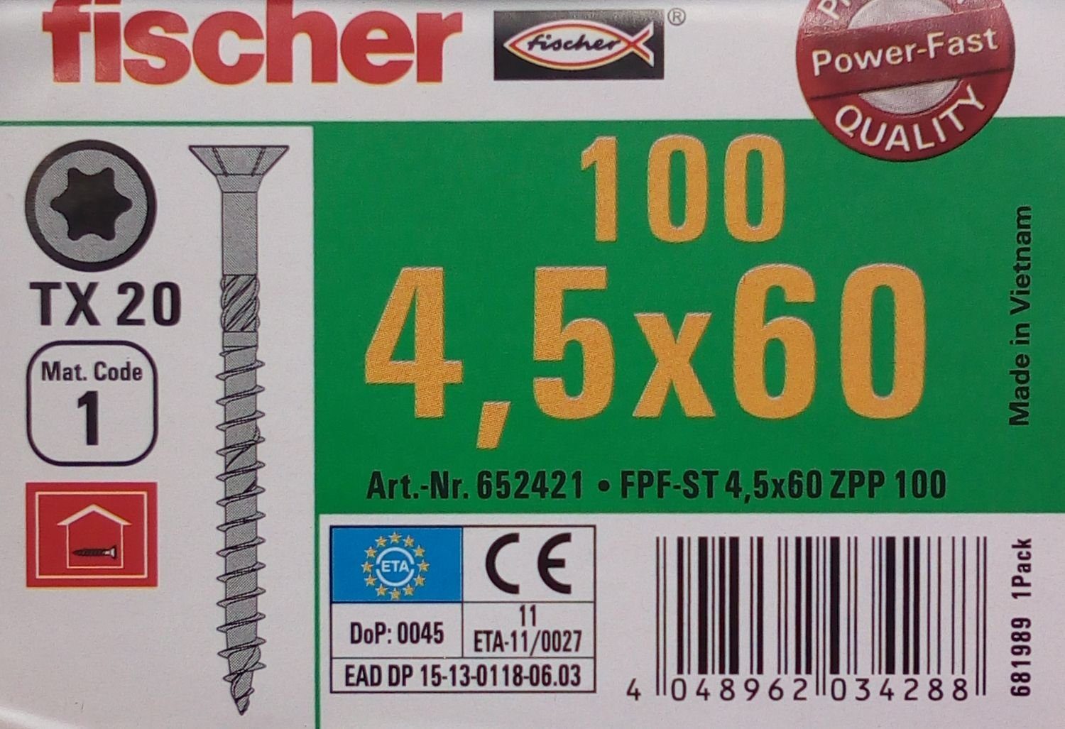 Schraube TX20 fischer 100x 4,5x60 Befestigungstechnik verzinkt St) Fischer (100 mm Te, Holzbauschrauben Holzschrauben