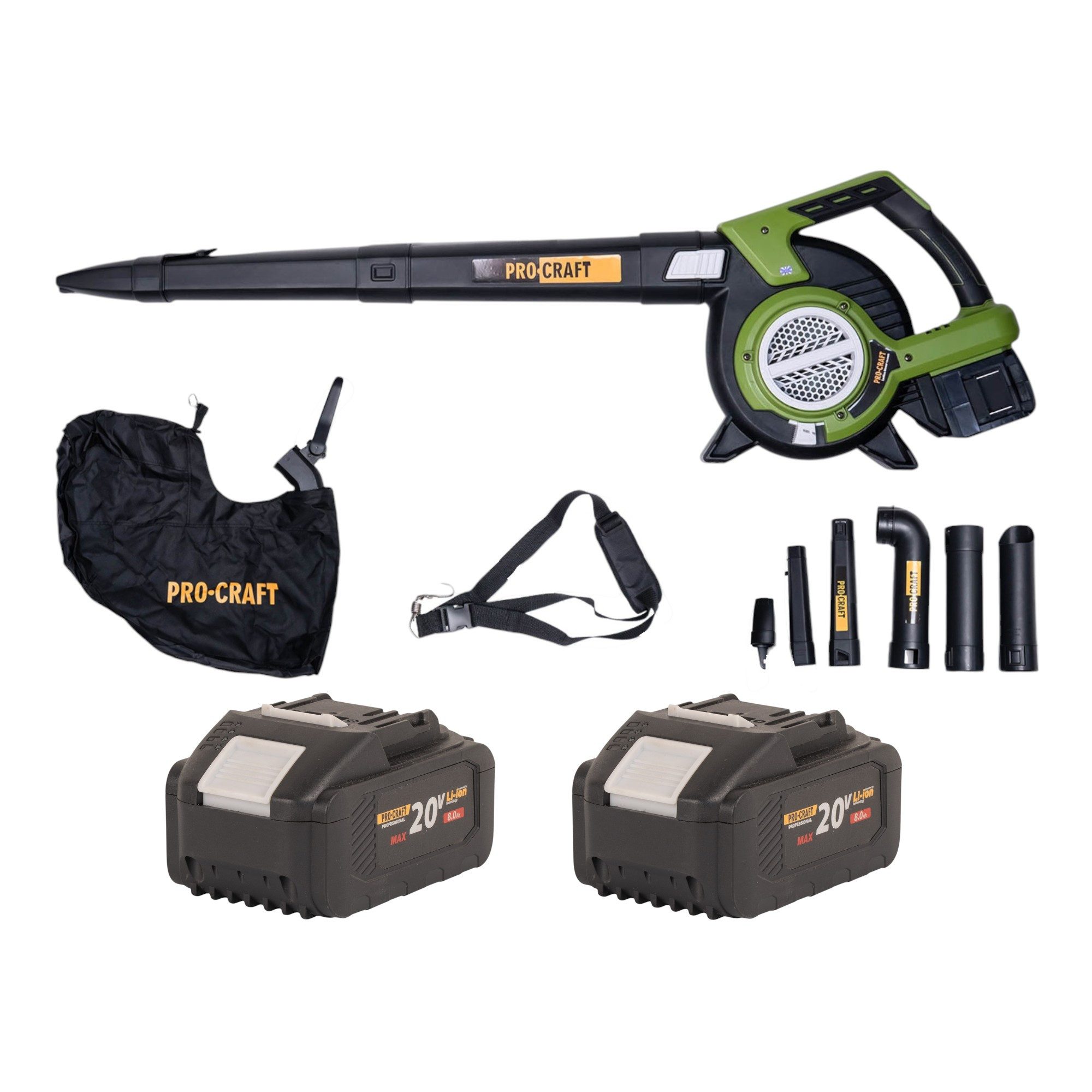 PRO CRAFT Akku-Laubbläser VB20 Akku Laubbläser und Laubsauger 40 V (2x 20 V) Brushless + 2x