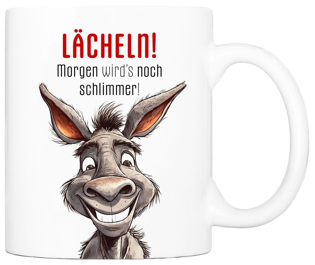 Cadouri Tasse LÄCHELN! Bürotasse, Kaffeetasse mit Spruch - Geschenk, Keramik, humorvolle Tasse, beidseitig bedruckt, handgefertigt, 330 ml