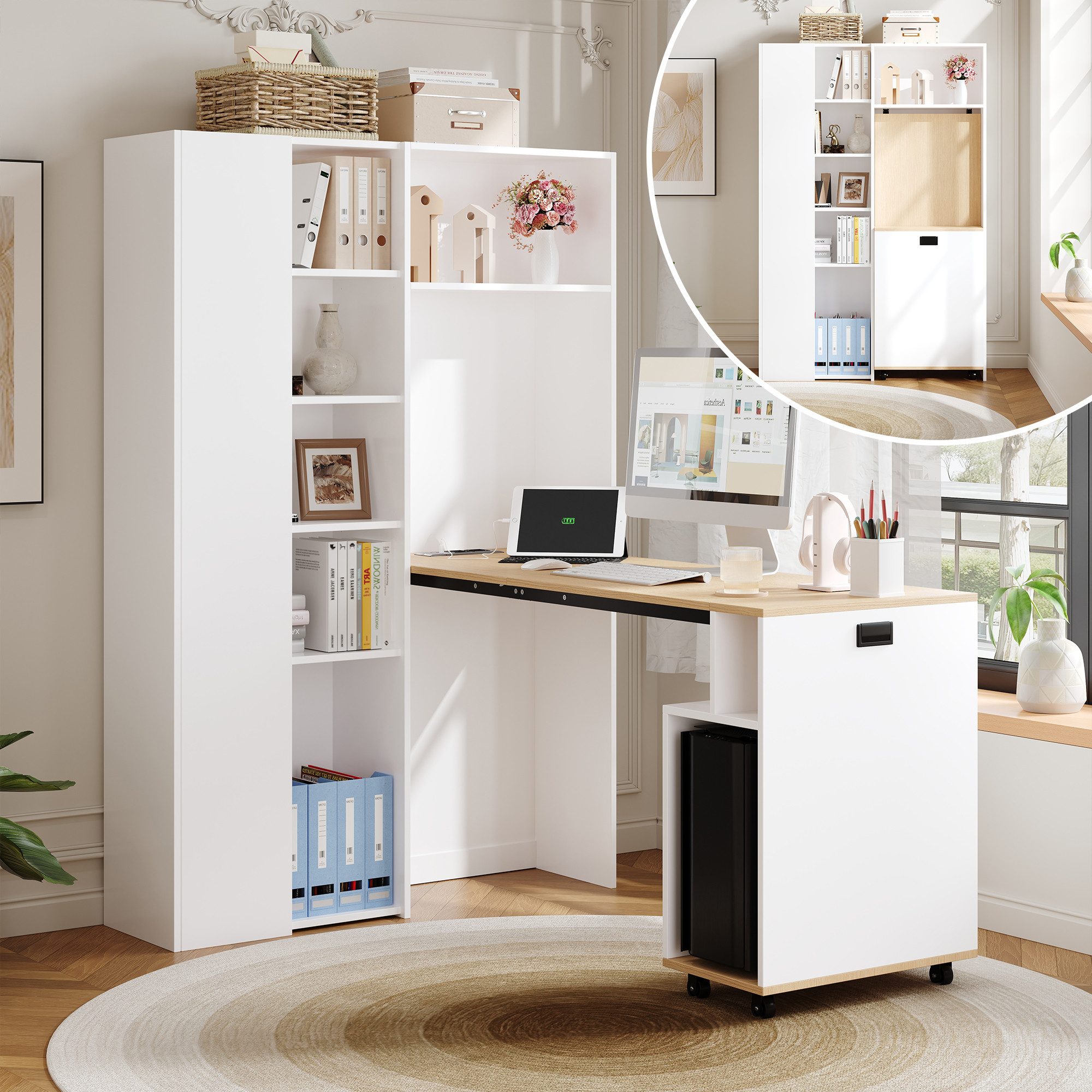 REDOM Eckschreibtisch Schreibtisch und Regal, mit Steckdosen (klappbar Schreibtisch, Eck-Tisch, 1-St., höhenverstellbare Ablagen), mit Steckdose, USB-Anschluss und Kippschutz