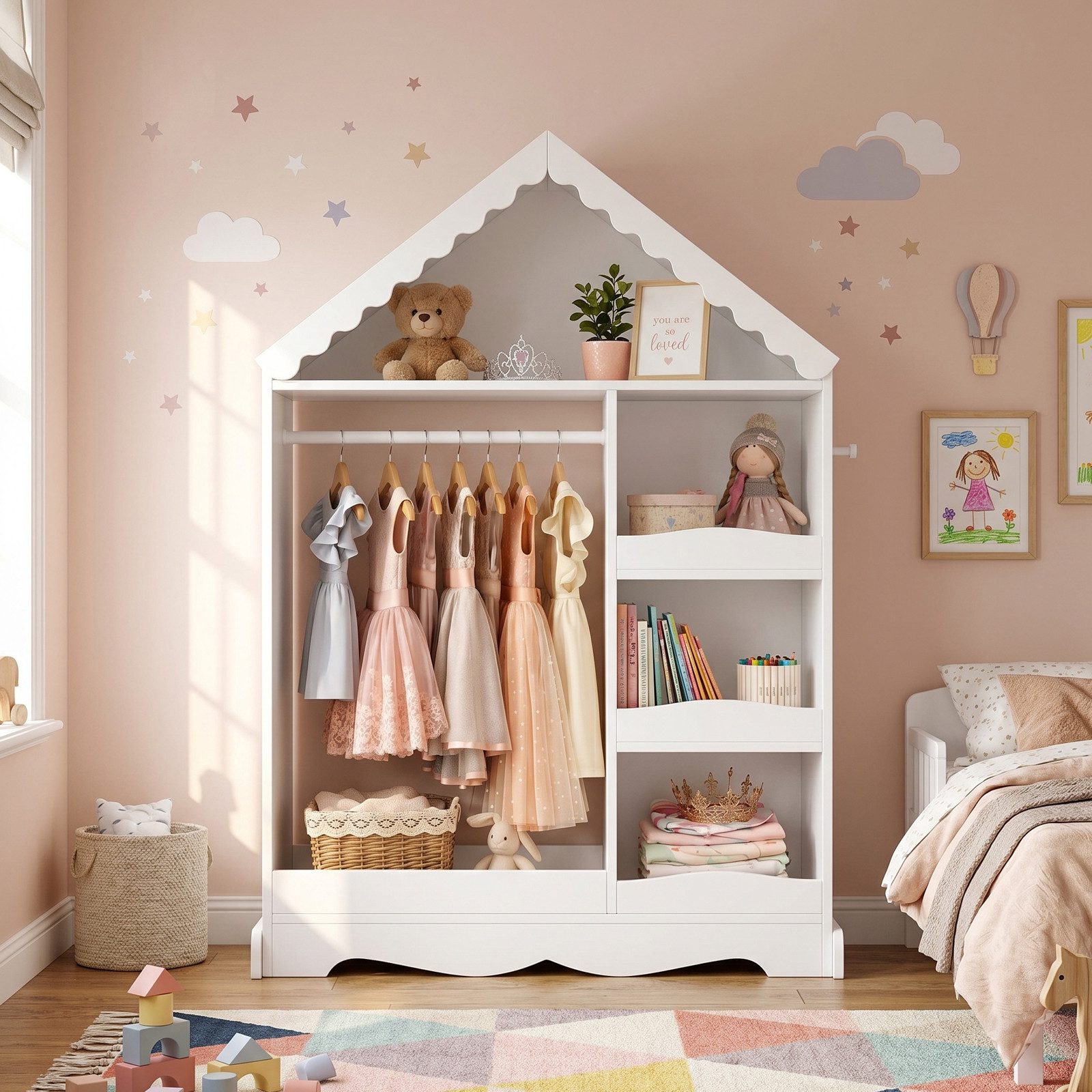 VOWNER Kinderkleiderschrank Hausform, Kindergarderobe mit Acrylspiegel, 84,6 x 34 x 124 cm (1-St) Kind Kleiderständer mit Kleiderstange, Regalen & Haken