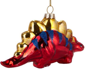BRUBAKER Christbaumschmuck Kunstvolle Weihnachtskugel Rot-blauer Dinosaurier, mundgeblasene Weihnachtsdekoration aus Glas, handbemalt - 11.5 cm