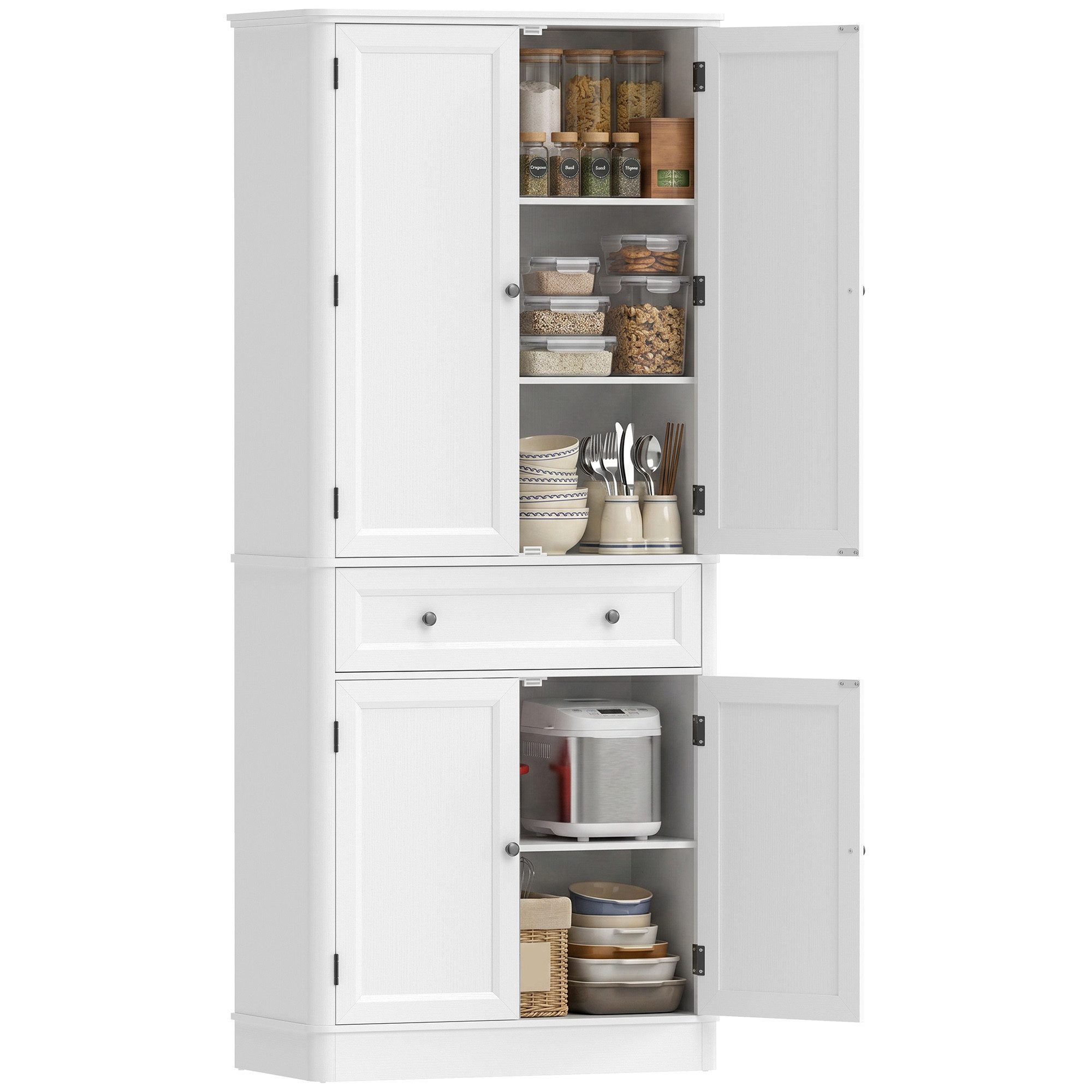 HOMCOM Hochschrank Buffetschrank mit 4 Türen, Schublade, verstellbaren Einlegeböden (Küchenschrank, 1-St., Vorratsschrank) für Küche, Esszimmer, Wohnzimmer Weiß – Bild 2 von 5