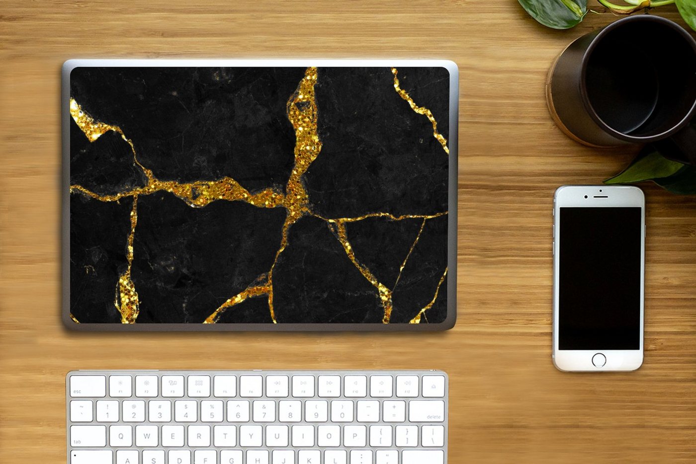 Thumbnail - MuchoWow Laptop-Aufkleber Marmor - Gold - Schwarz - Marmoroptik - Glitter, (1tlg), Laptop Folien Cover, Aufkleber, Stick...