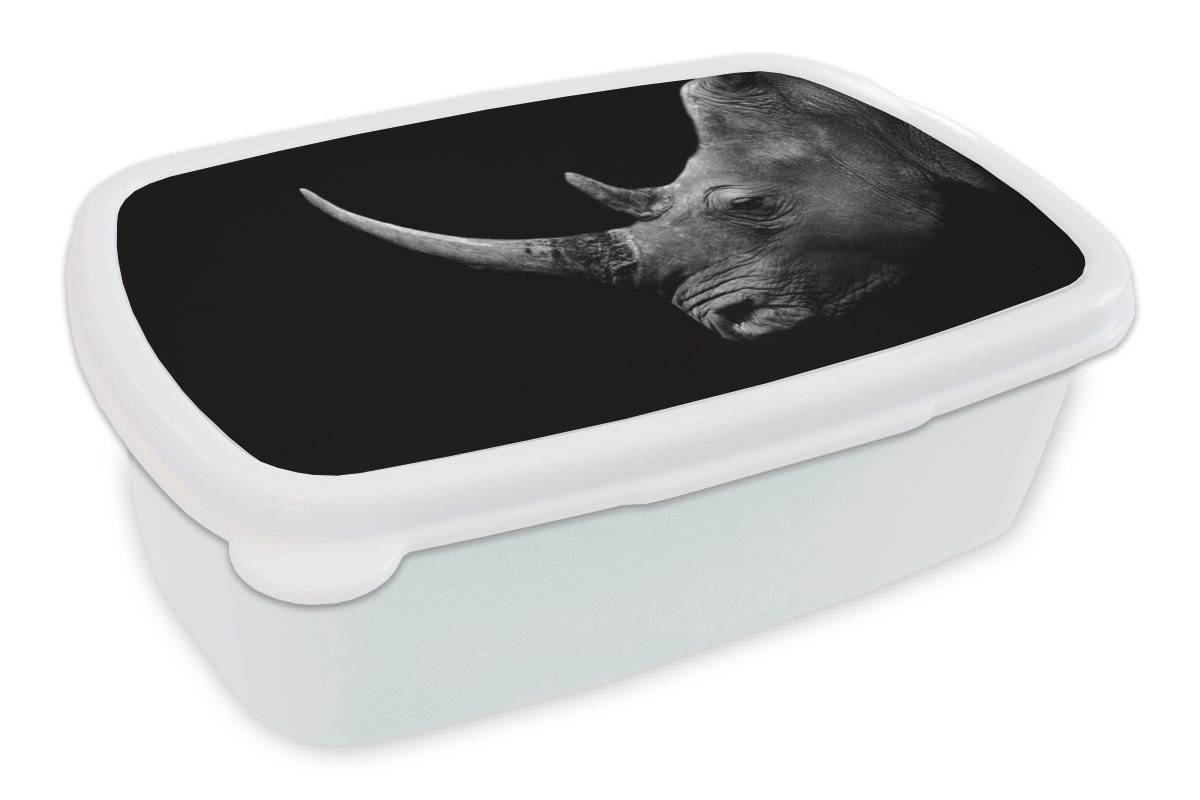 MuchoWow Lunchbox Nashorn - Tiere - Schwarz - Weiß - Porträt, Kunststoff, (2-tlg), Brotbox für Kinder und Erwachsene, Brotdose, für Jungs und Mädchen