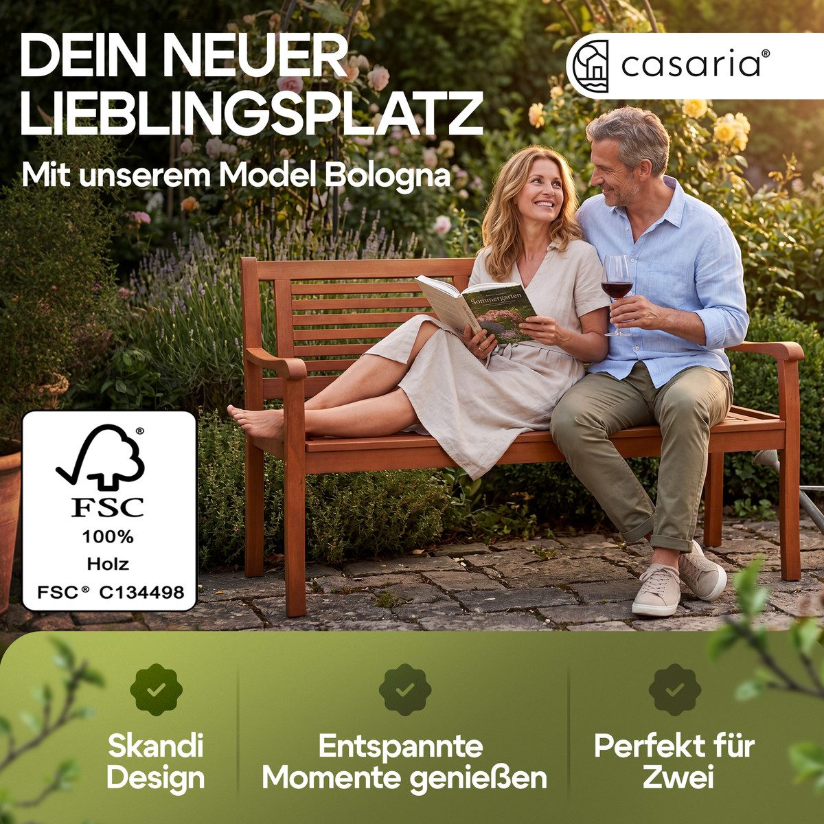 Casaria Gartenbank, Wetterfest Eukalyptus Holz FSC® 120x60x90cm 320kg Belastbarkeit
