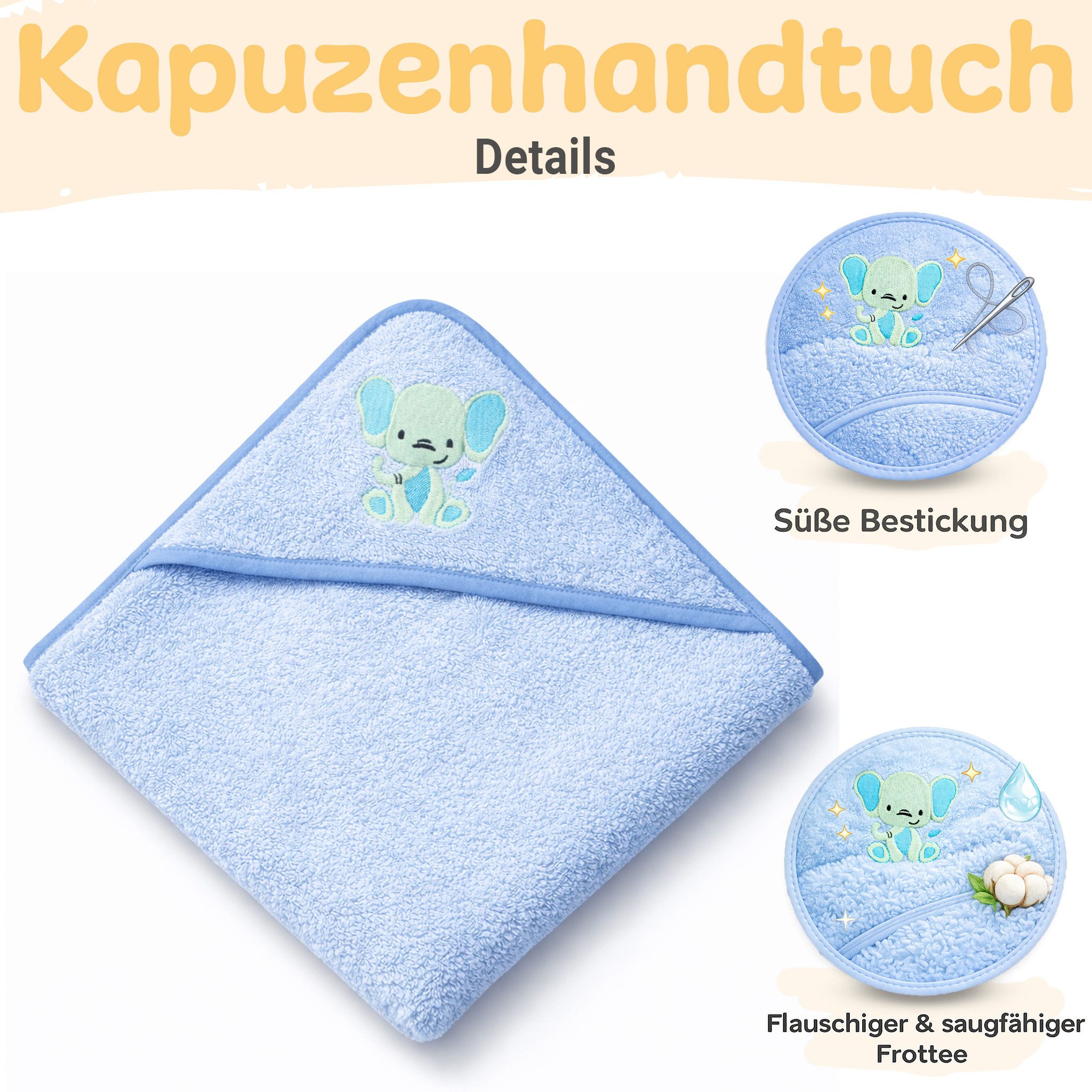 Babykajo Kapuzenhandtuch 80x80 - 100x100 cm, Frottee (3-St), Kuschliges Baby Handtuch mit Waschlappen