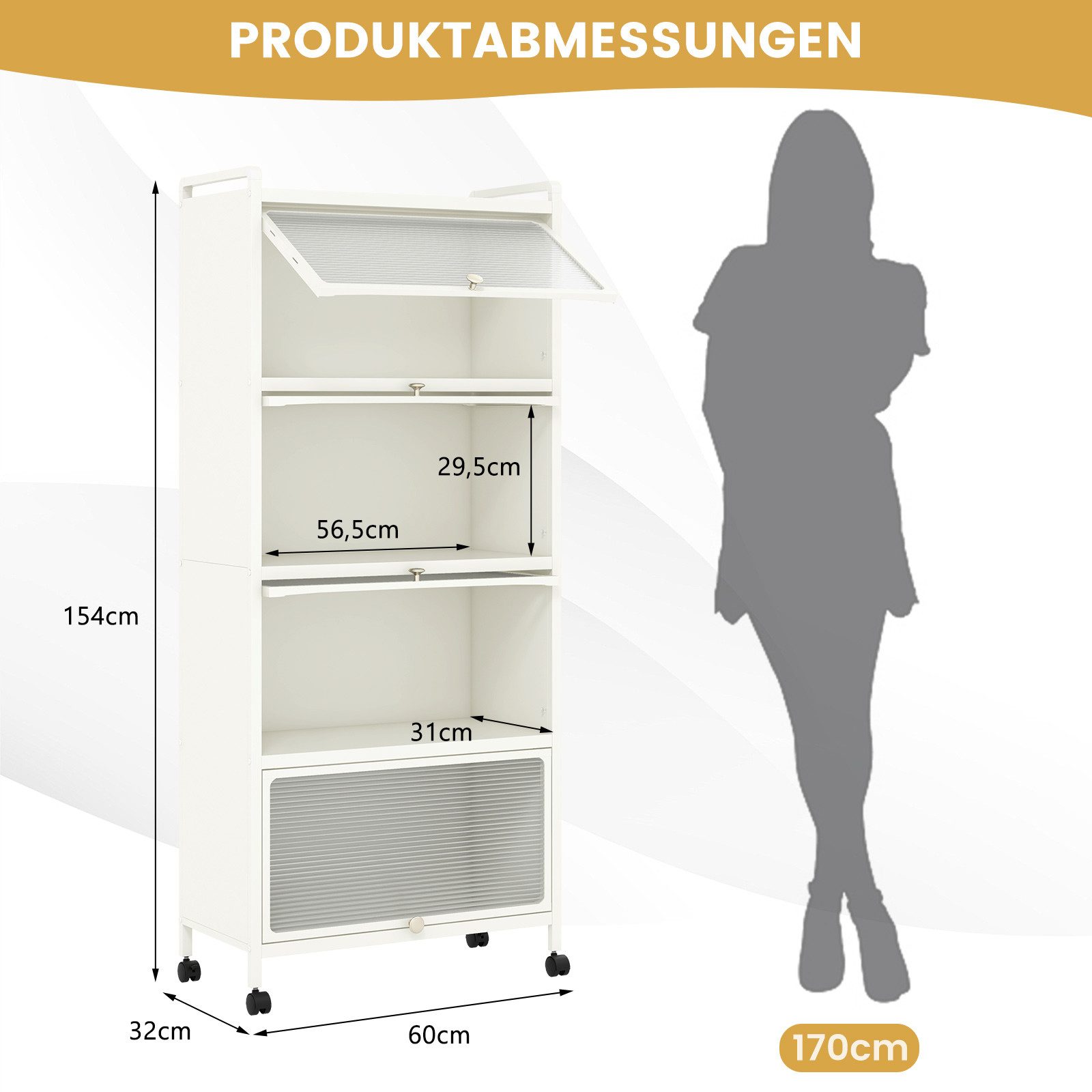 COSTWAY Hochschrank 5-stufig Küchenregal mit aufklappbaren PC-Türen & Rollen