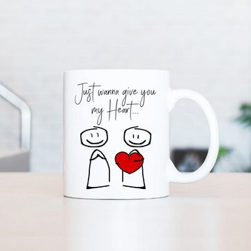 Cadouri Tasse GIVE YOU MY HEART Liebestasse, Partnertasse - Valentinstag, Keramik, Geschenk für den Partner, beidseitig bedruckt, handgefertigt, 330 ml