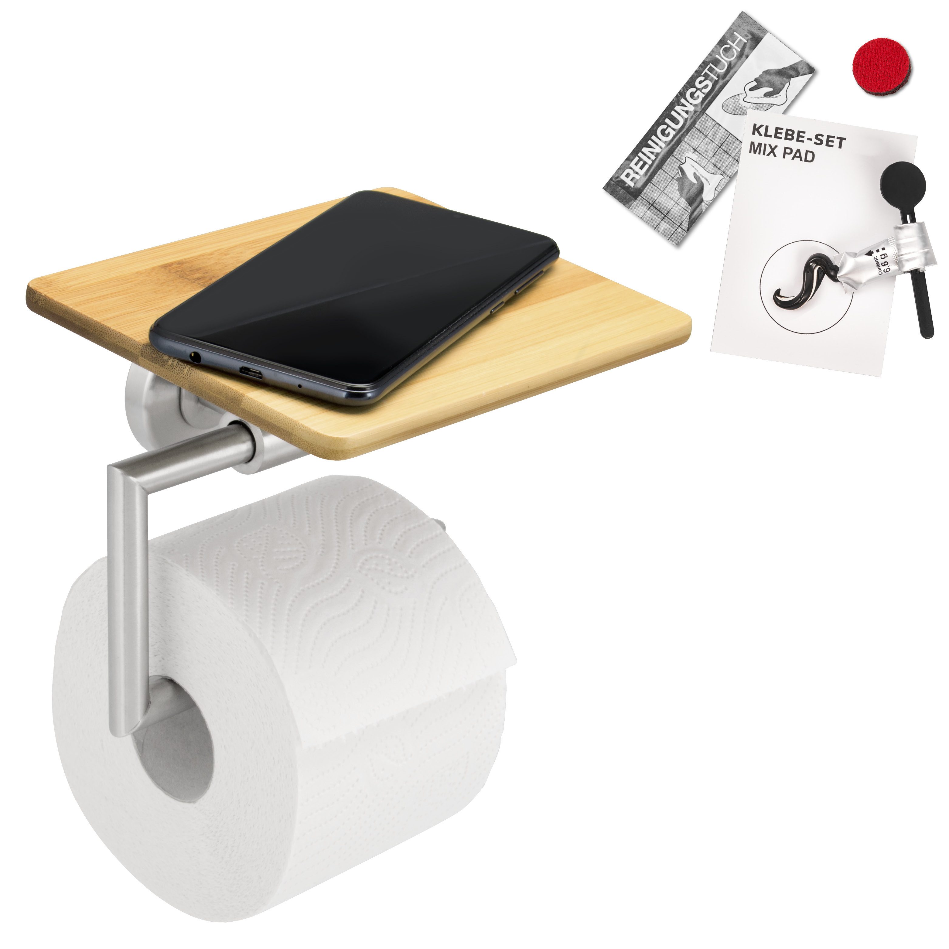 bremermann Toilettenpapierhalter Bad-Serie PIAZZA BAMBUS - 2in1 inkl. Klebeset, mit Ablage