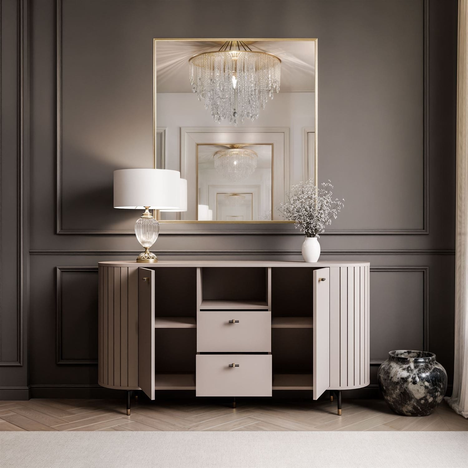 yourhouse24 Kommode LINNEA 150cm 2D2S Runde Ecken Lamellen Kaschmir/Schwarz