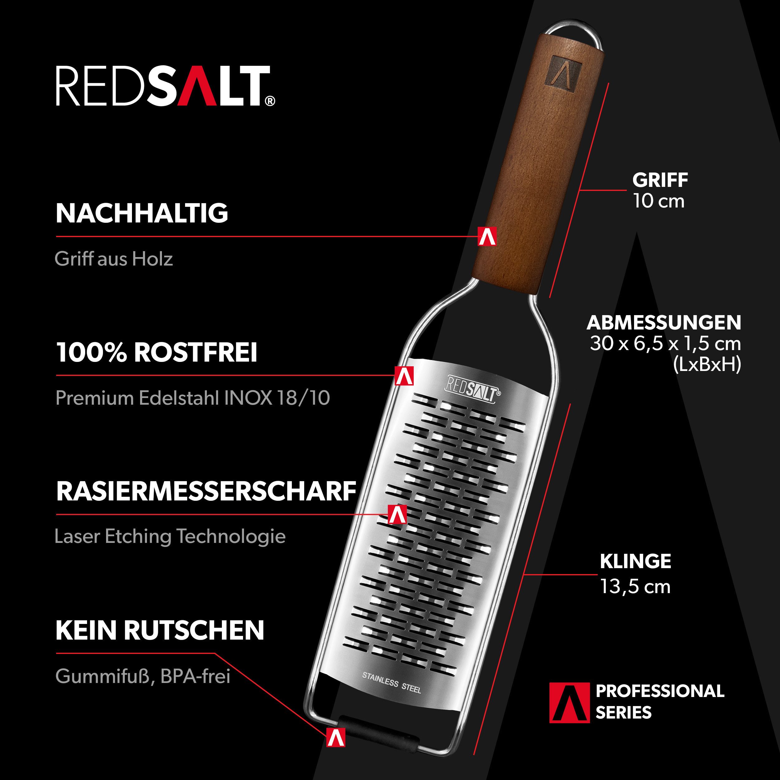 REDSALT® Käsereibe 2-Wege Reibe mit Holzgriff rasiermesserscharf für feine Streifen, Zwei Wege, Feine rostfreie Edelstahlklinge in INOX 18/10 Qualität